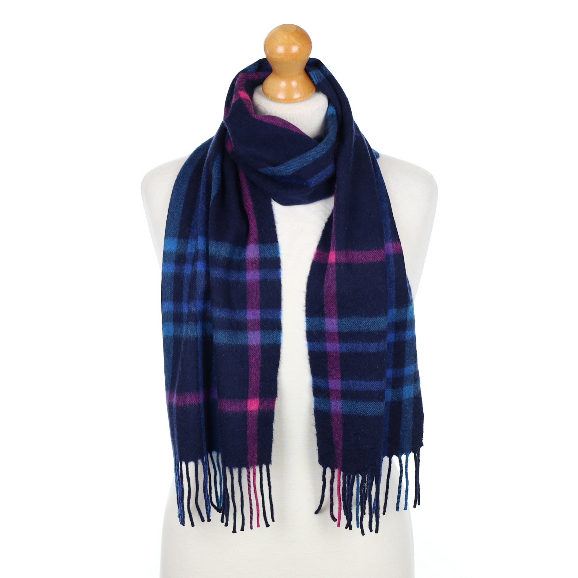 Navy and Purple Checked Fringed Cashmere Woven Scarf