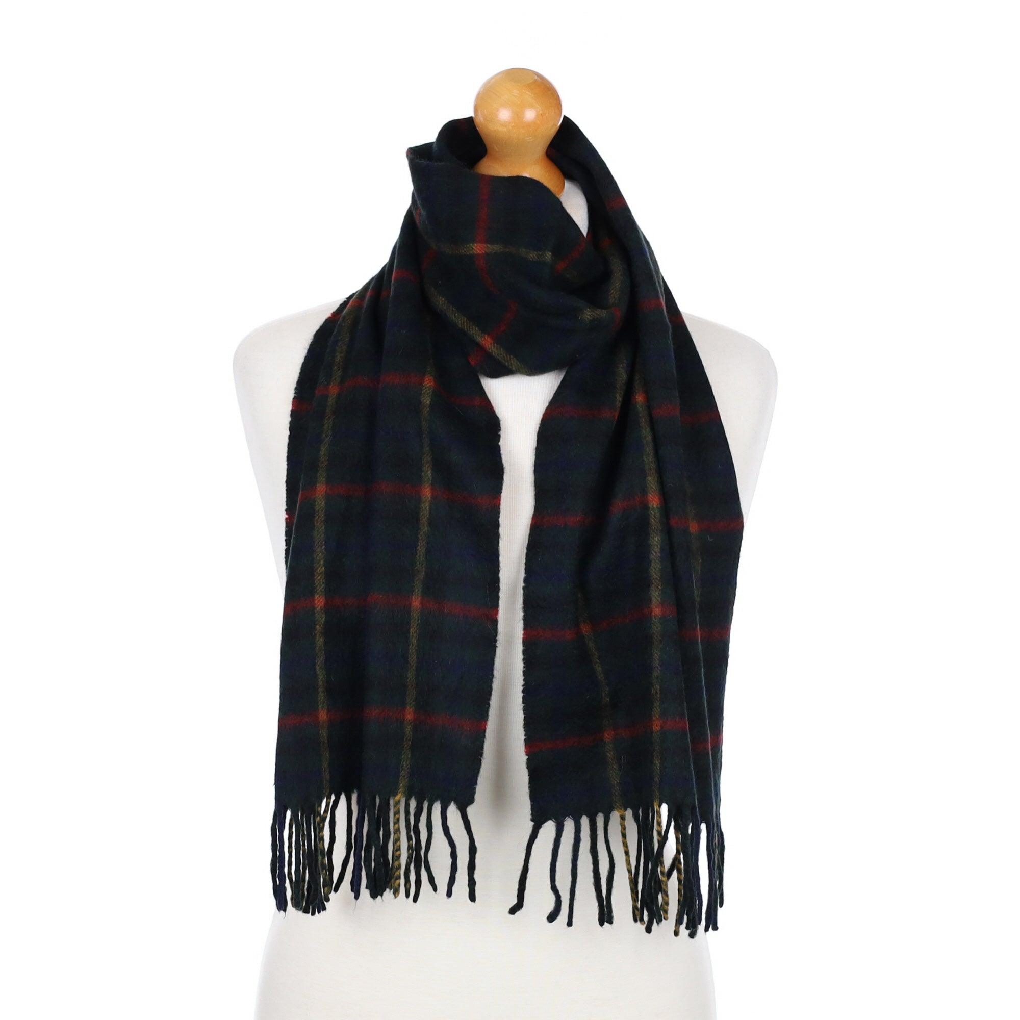 Green and Red Checked Fringed Cashmere Woven Scarf