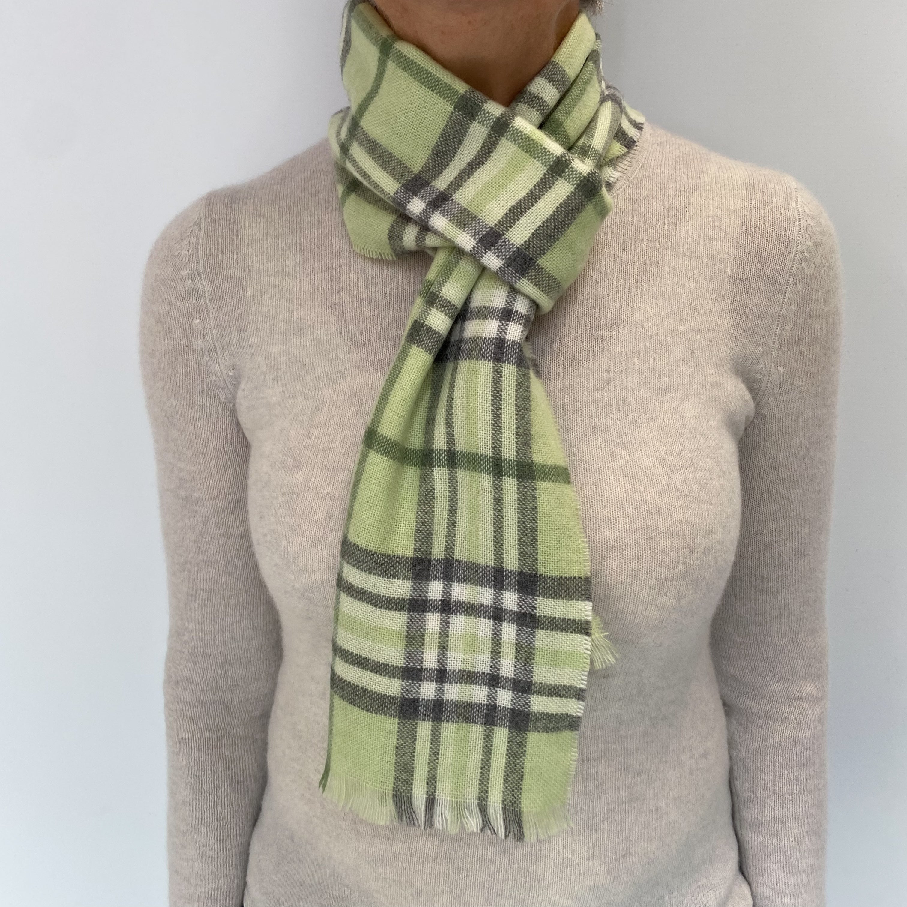 Spring Green Checked Cashmere Tasseled Woven Scarf