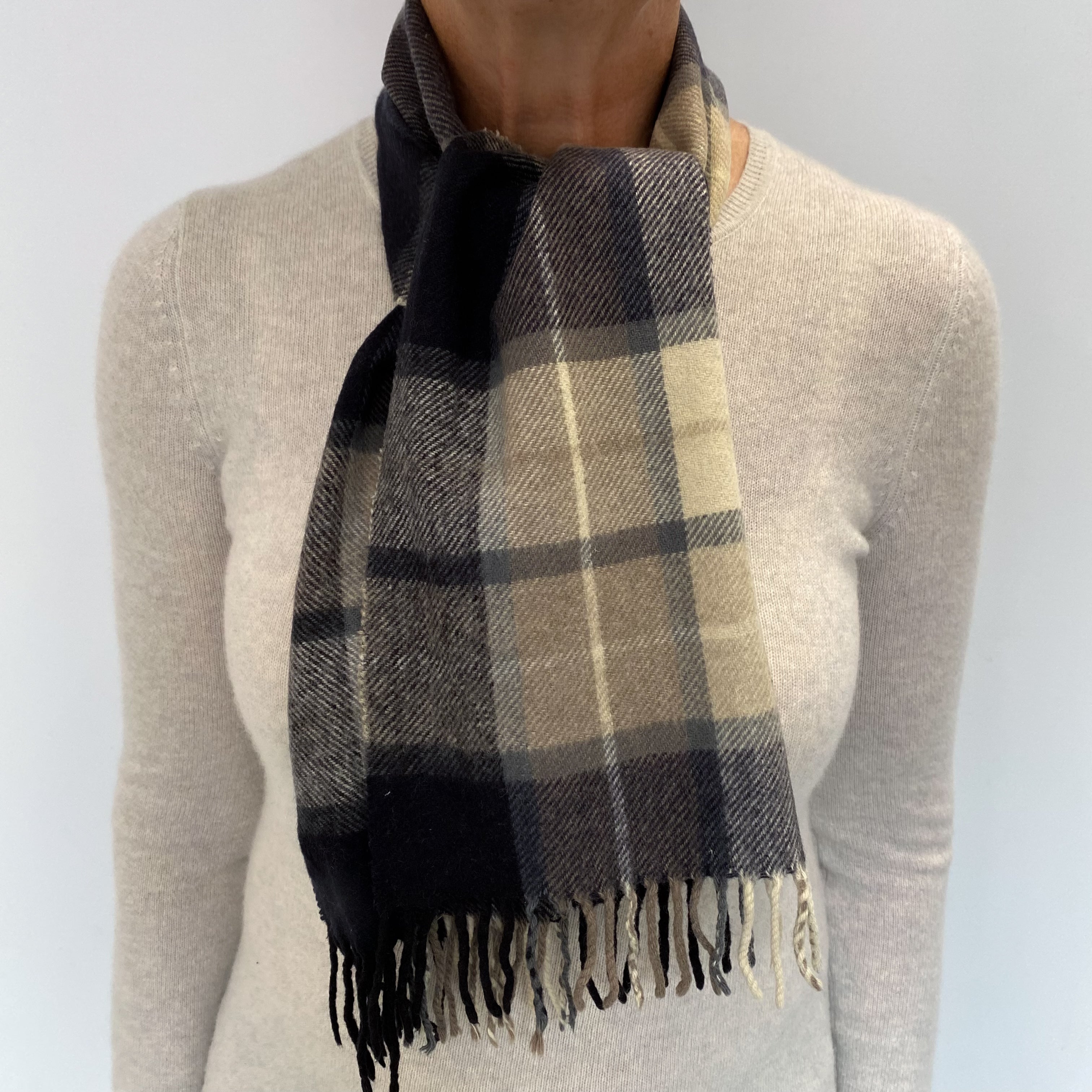 Navy and Brown Checked Cashmere Woven Fringed Scarf