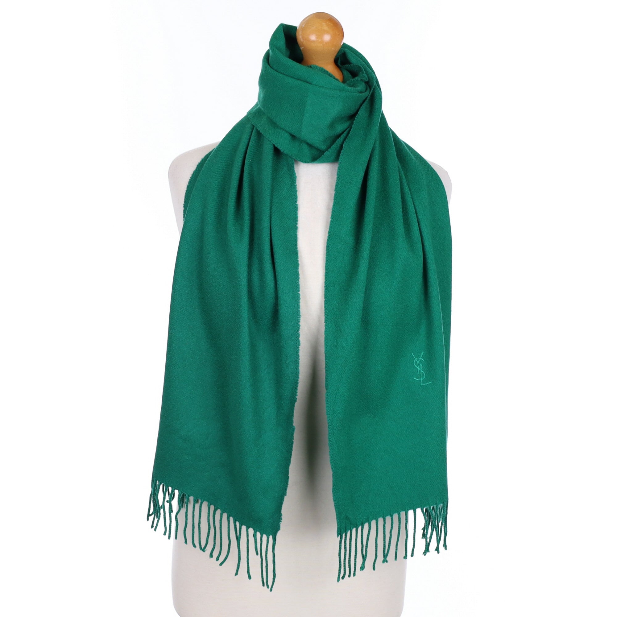 YSL Emerald Green Cashmere Fringed Woven Scarf