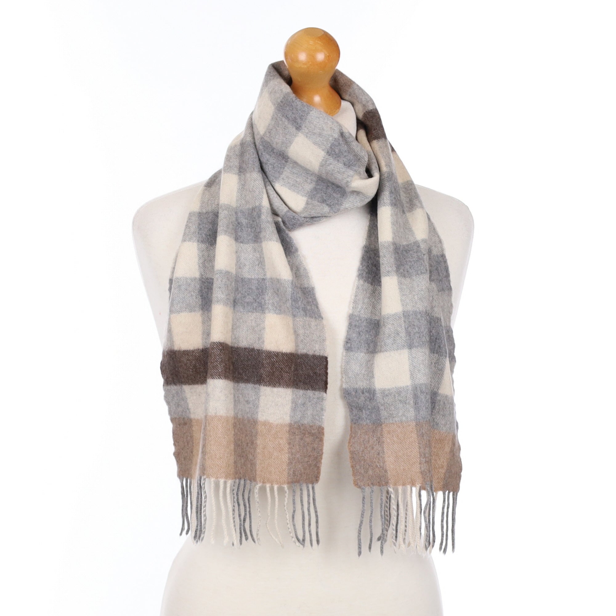 Grey and Camel Check Fringed Cashmere Woven Scarf