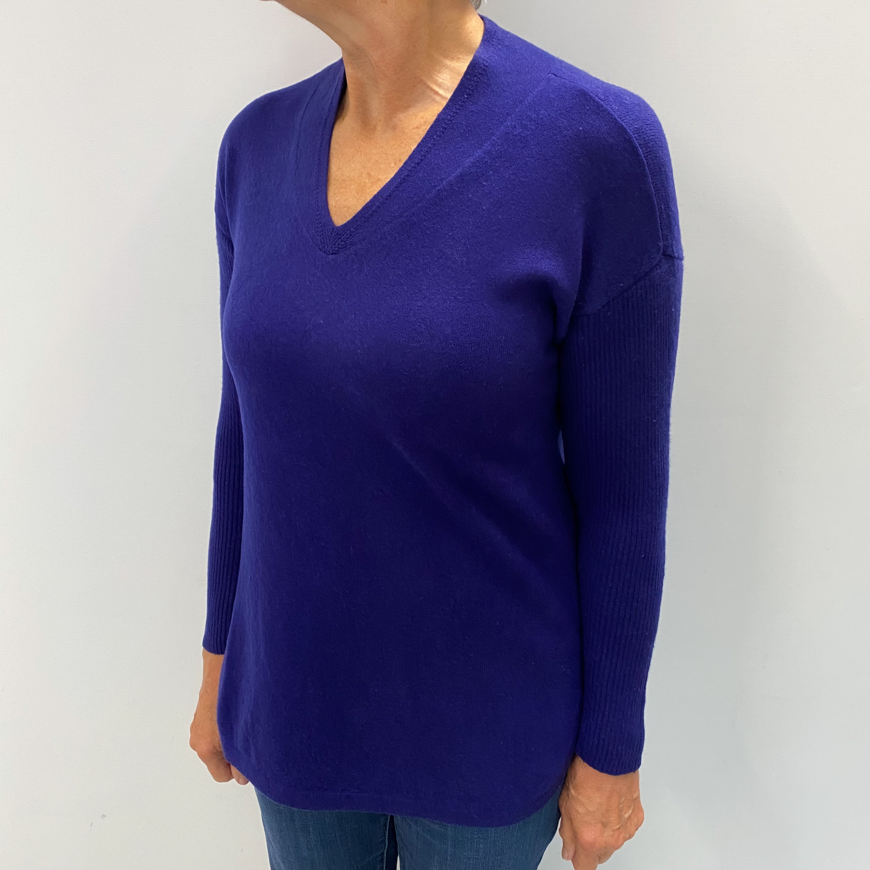 Indigo Blue Cashmere V Neck Jumper Medium