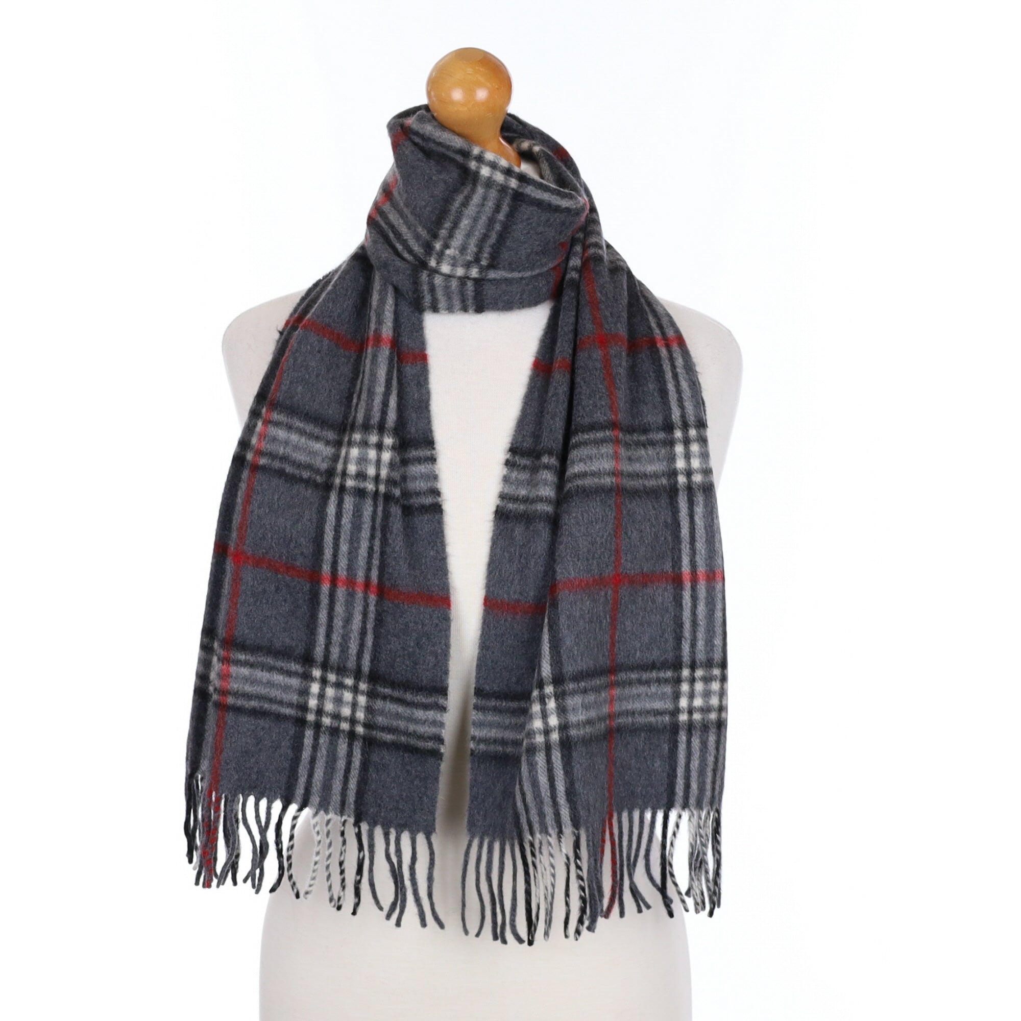 Grey and Red Check Cashmere Tasseled Woven Scarf