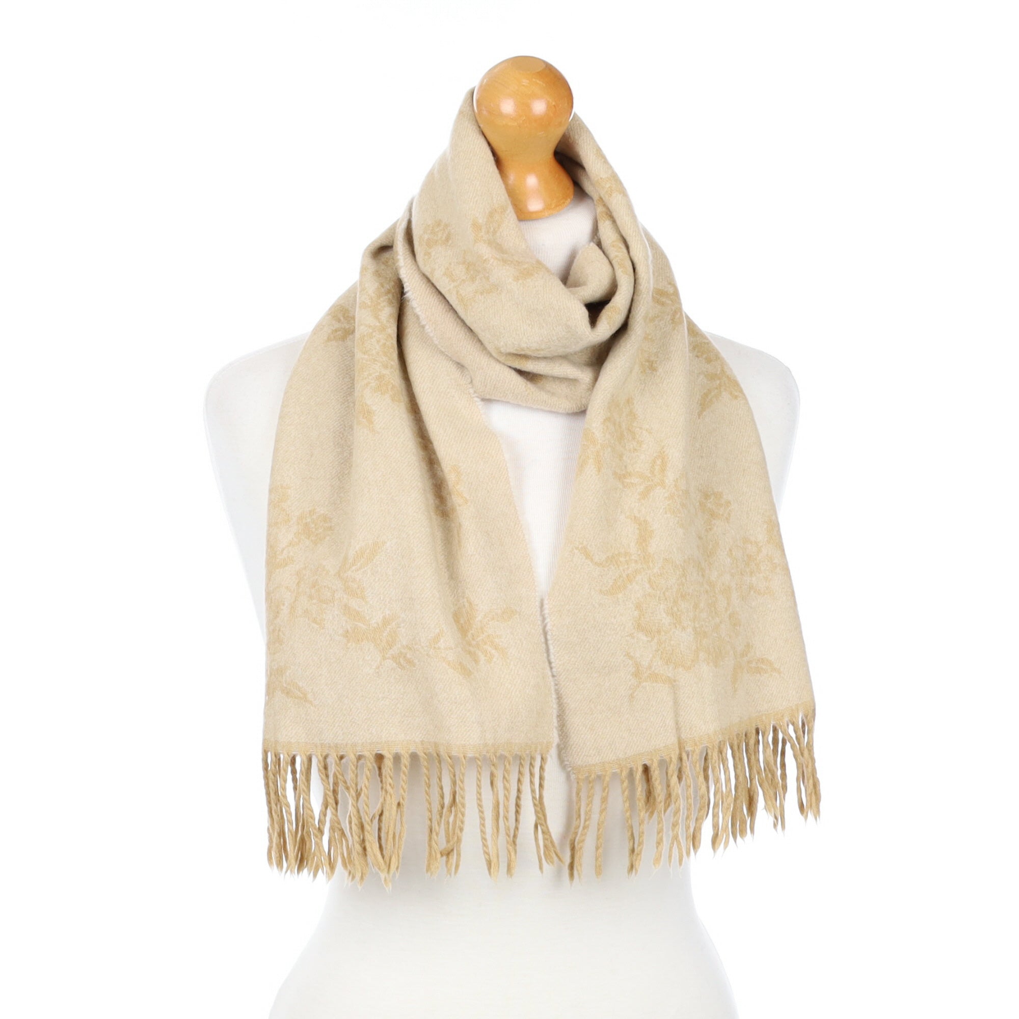 Caramel Floral Fringed Cashmere Woven Scarf