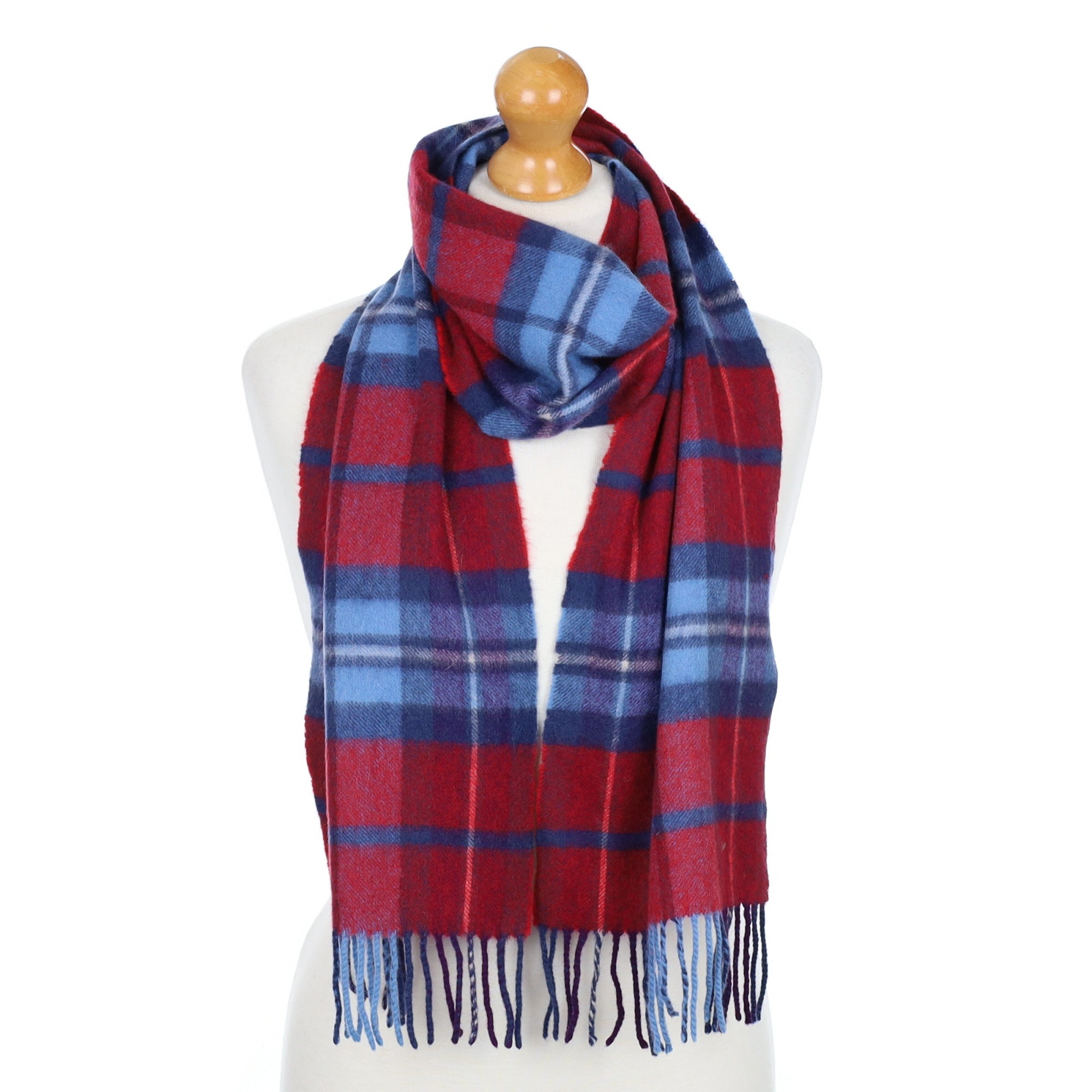 Red and Blue Checked Fringed Cashmere Woven Scarf