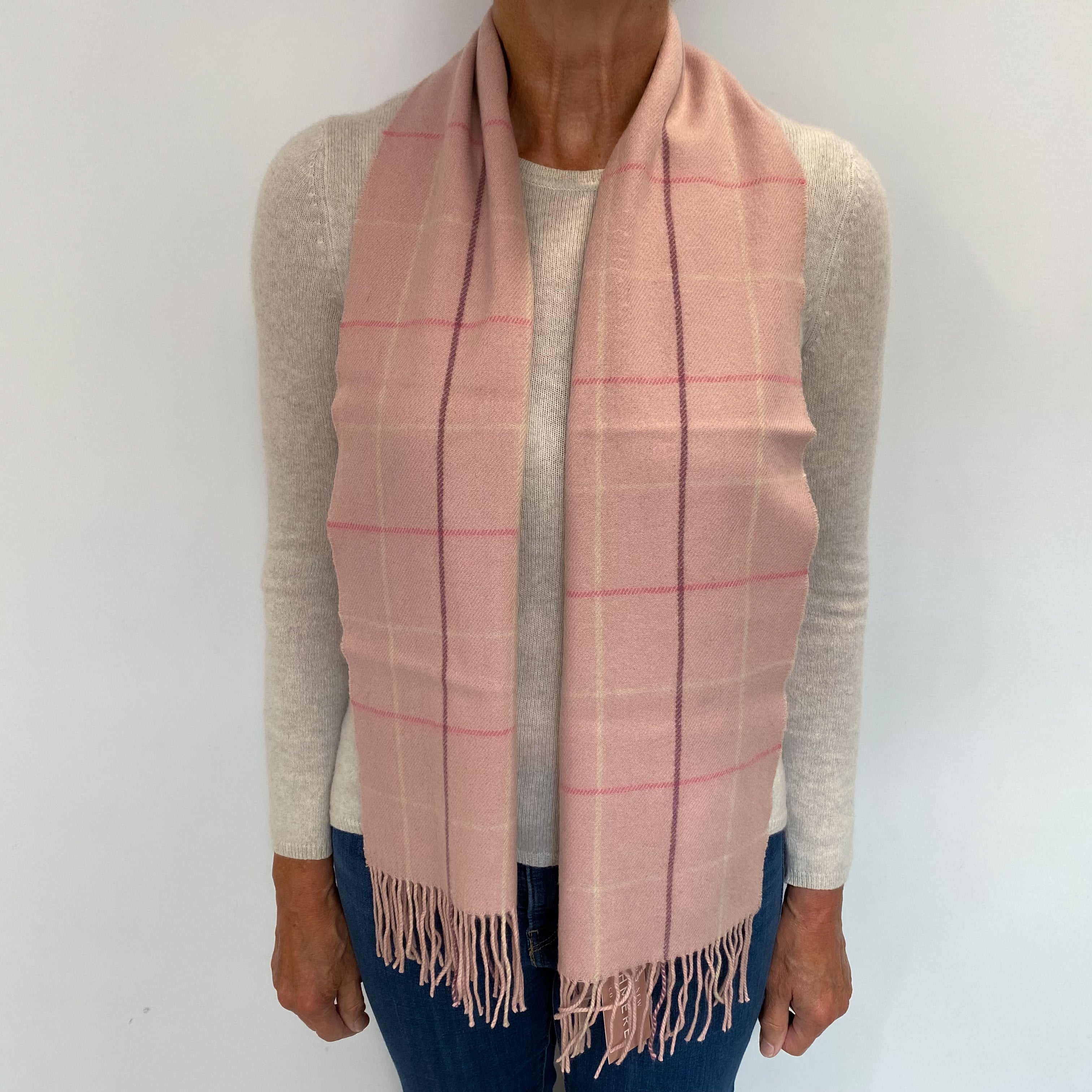 Blush Pink Checked Cashmere Woven Fringed Scarf