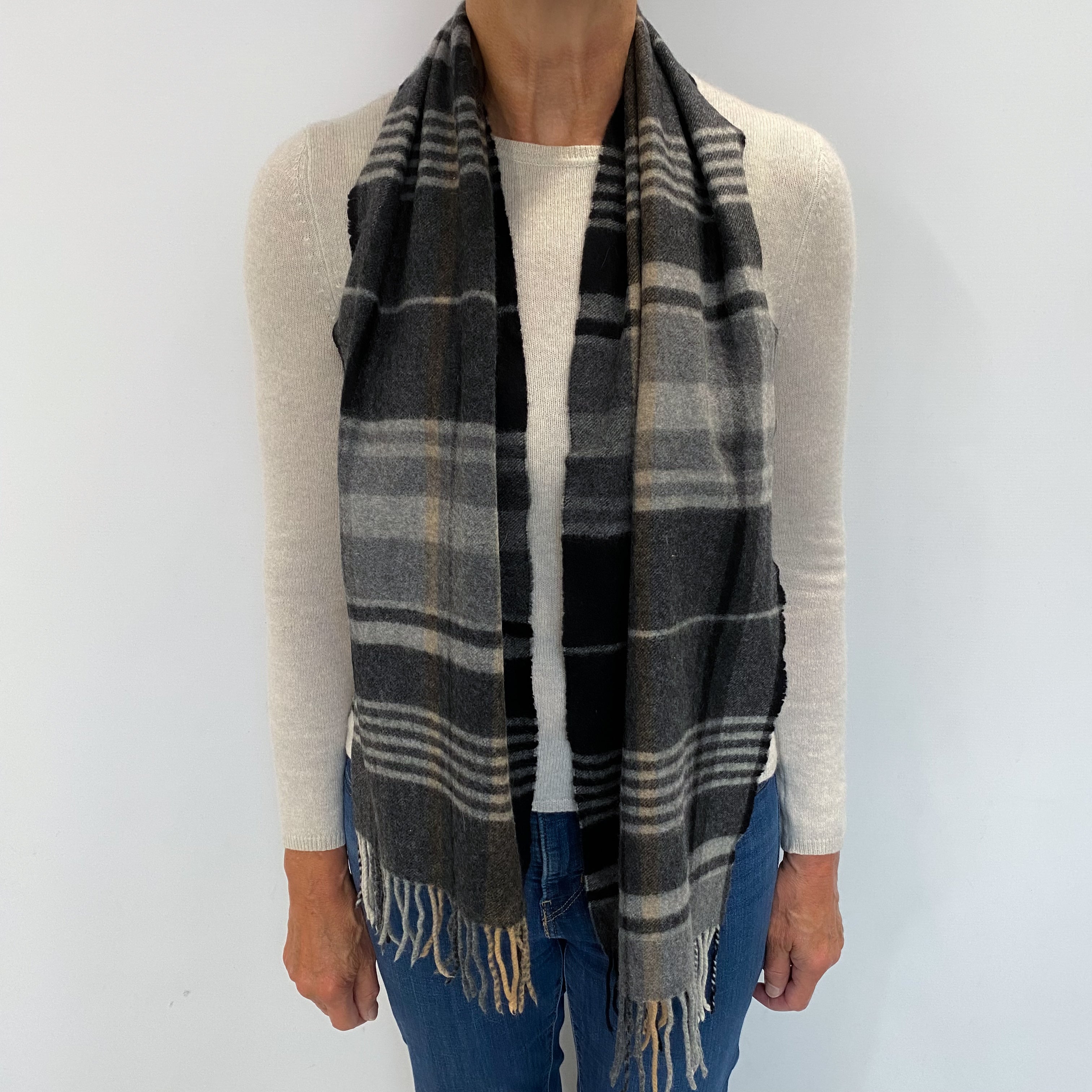 Grey and Camel Checked Cashmere Woven Fringed Scarf