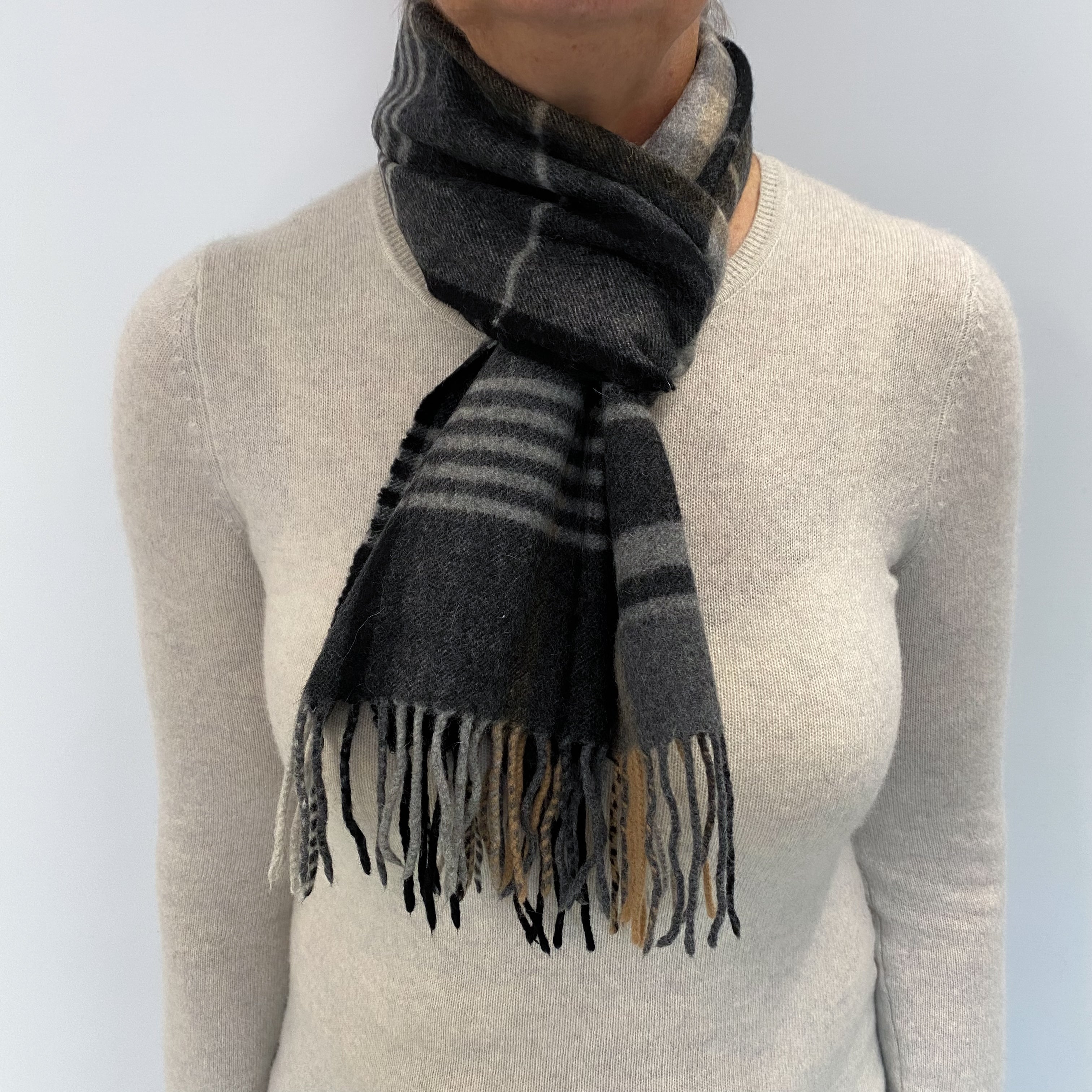 Grey and Camel Checked Cashmere Woven Fringed Scarf