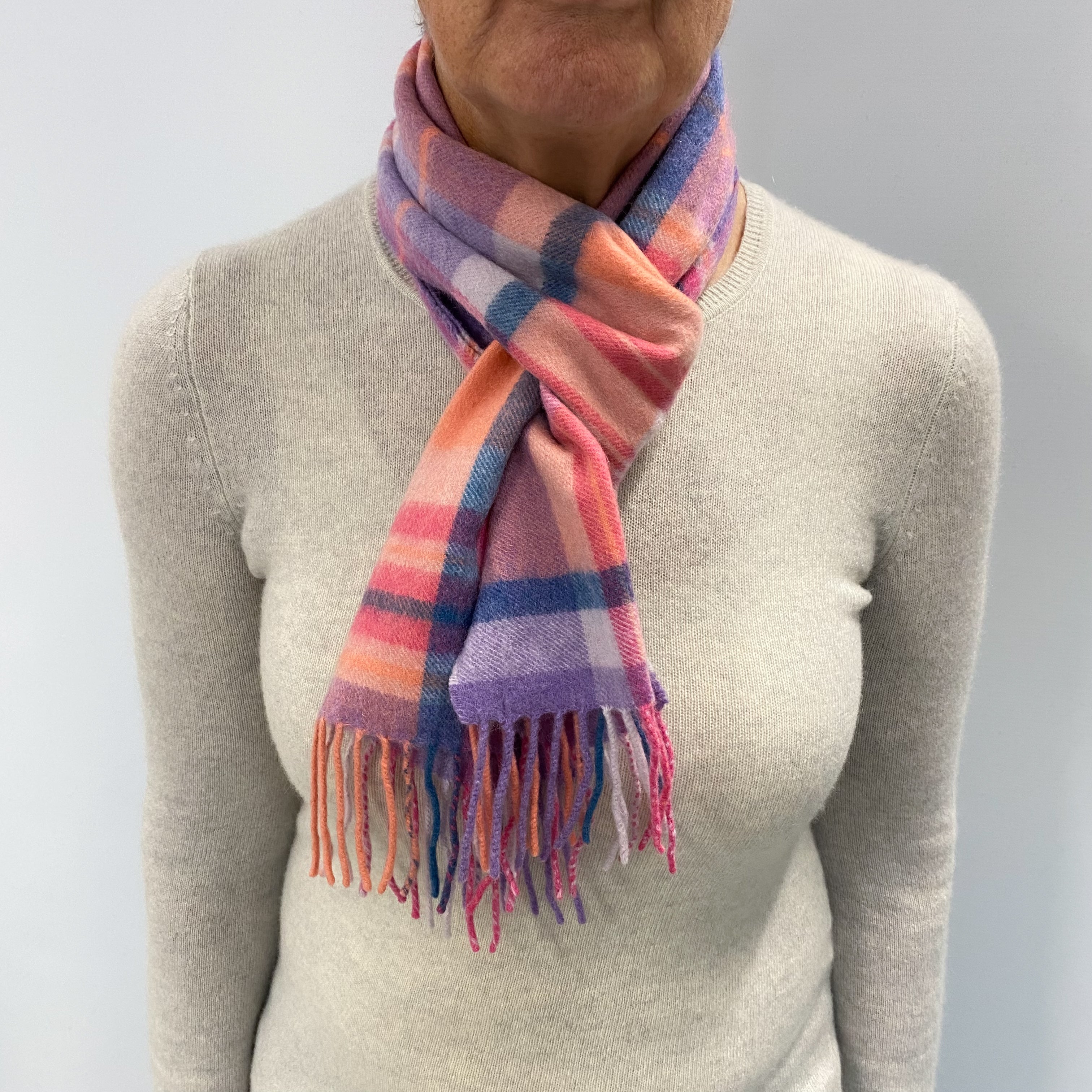 Lavender Coral Fuchsia Checked Cashmere Woven Fringed Scarf