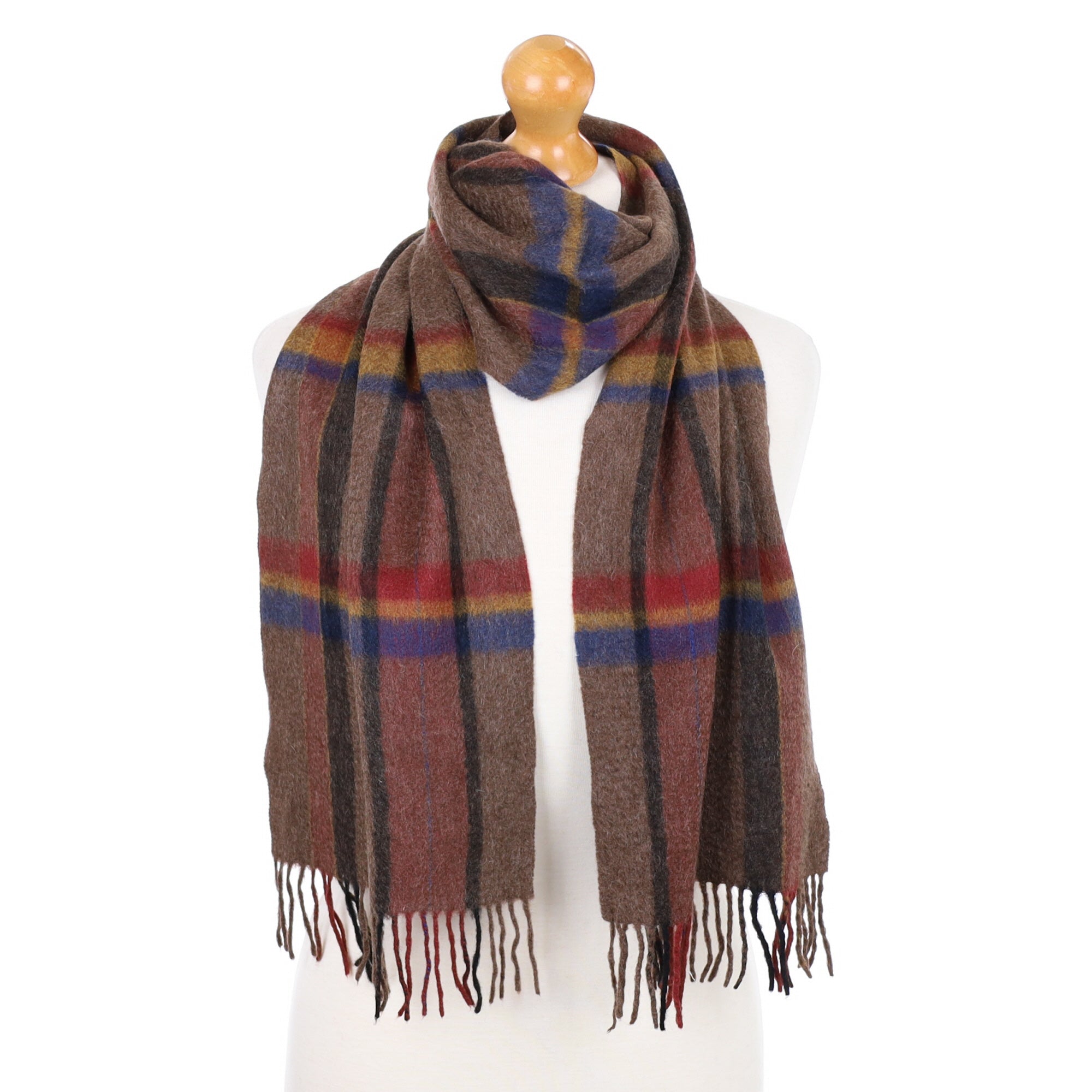 Walnut Checked Fringed Cashmere Woven Scarf