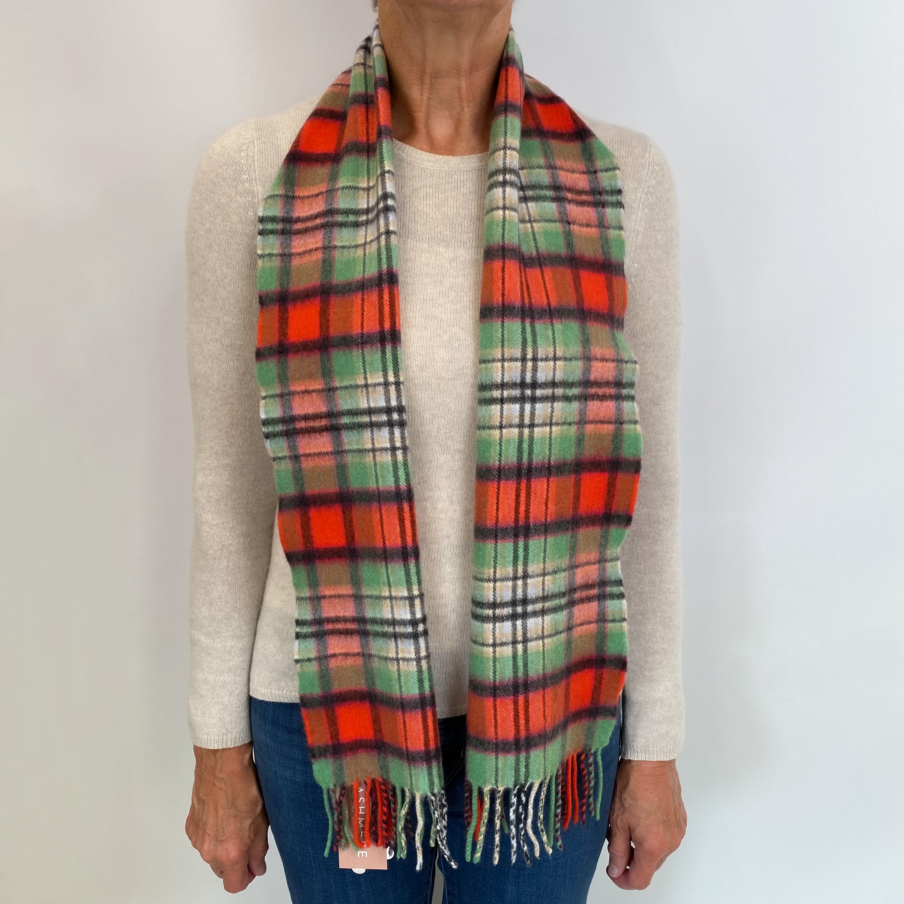 Scottish Red and Green Tartan Fringed Cashmere Woven Scarf