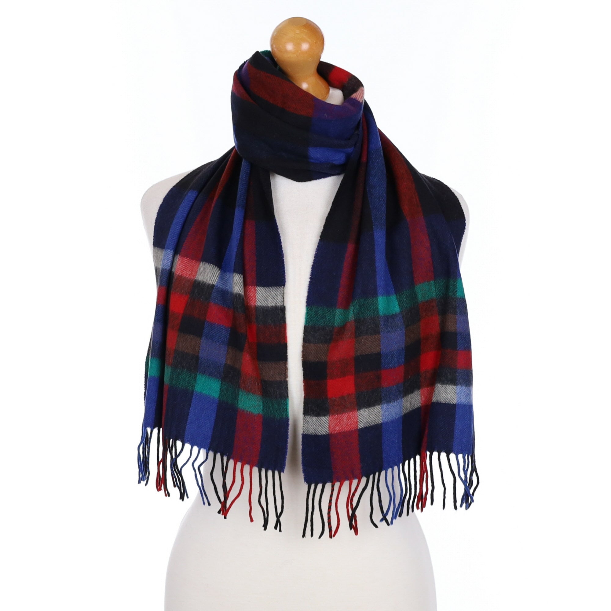 Red and Blue Check Cashmere Tasseled Woven Scarf