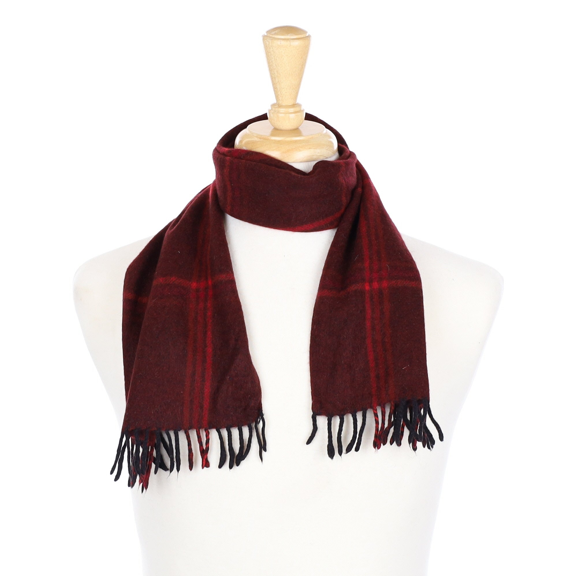 Red Checked Cashmere Fringed Woven Scarf