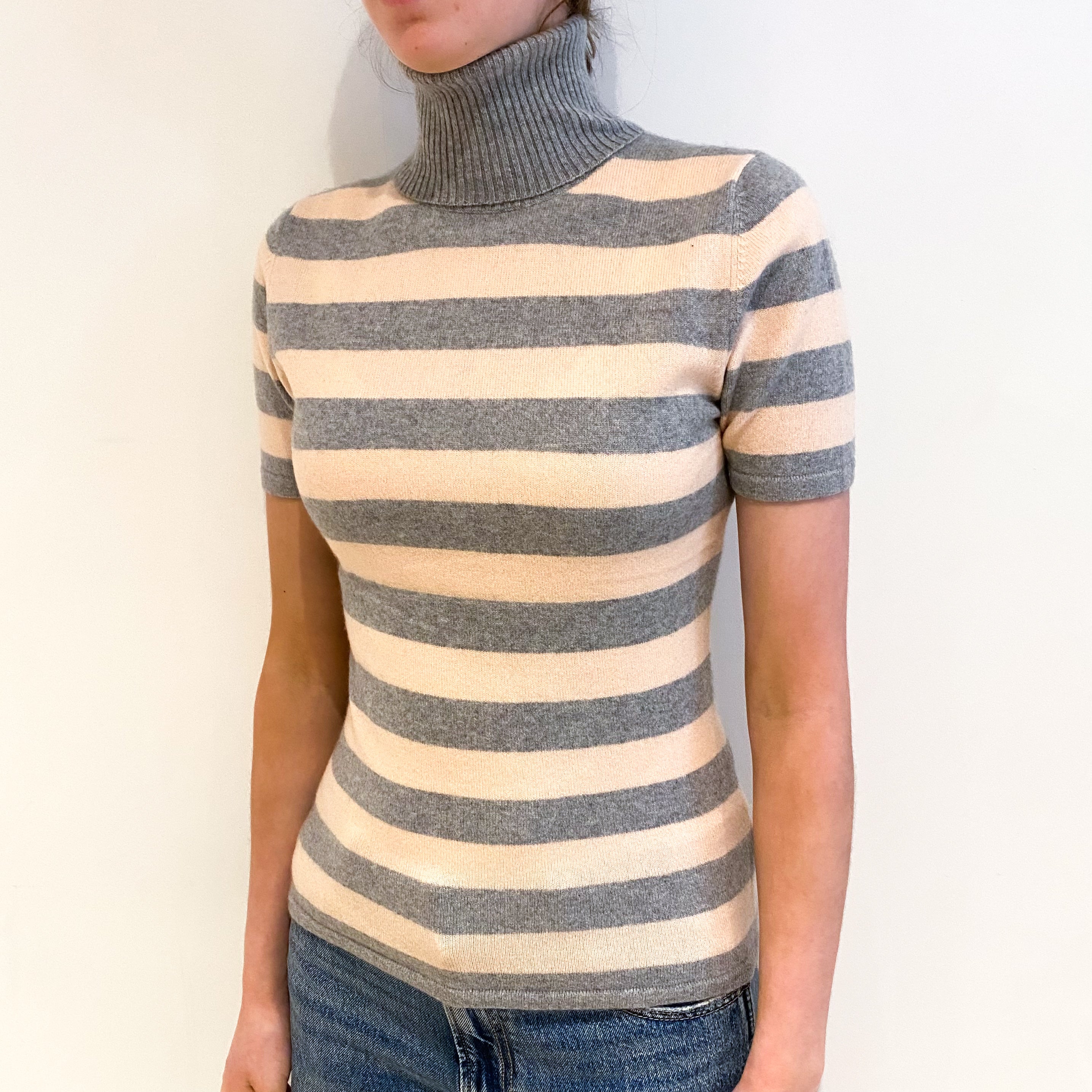 Grey And Pink Striped Cashmere Polo Neck Short Sleeved Jumper Extra Small