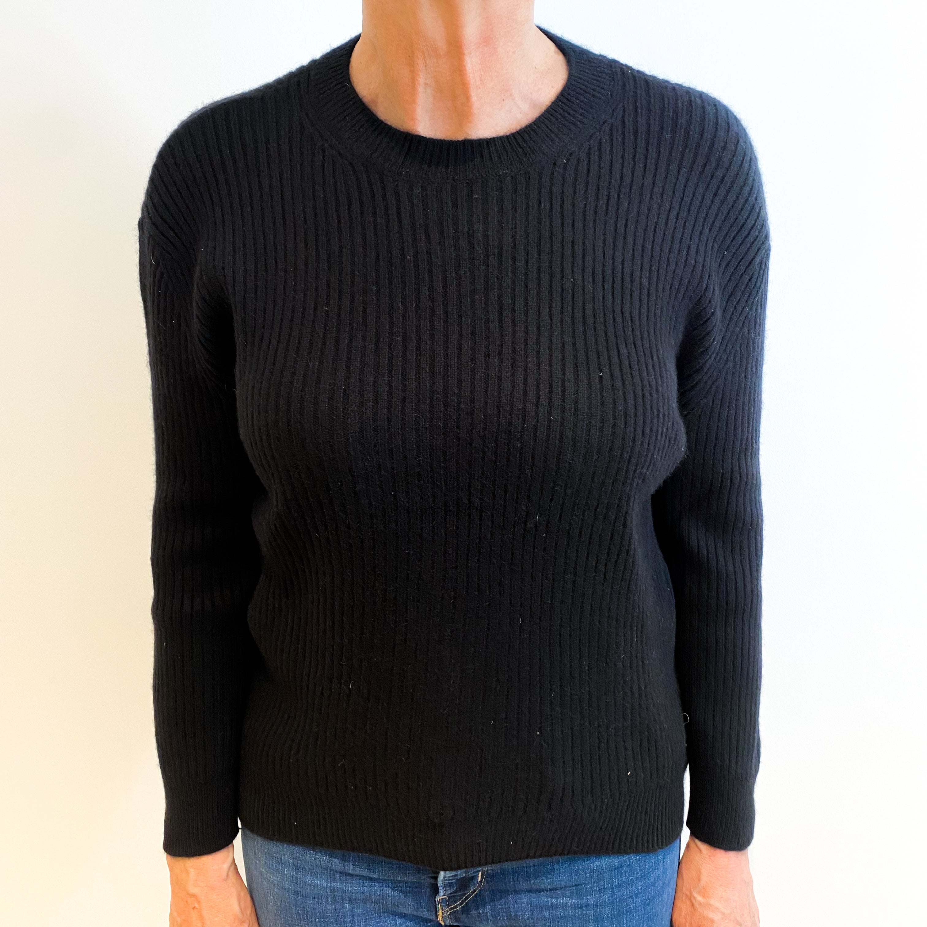 Black Cashmere Crew Neck Ribbed Jumper Medium