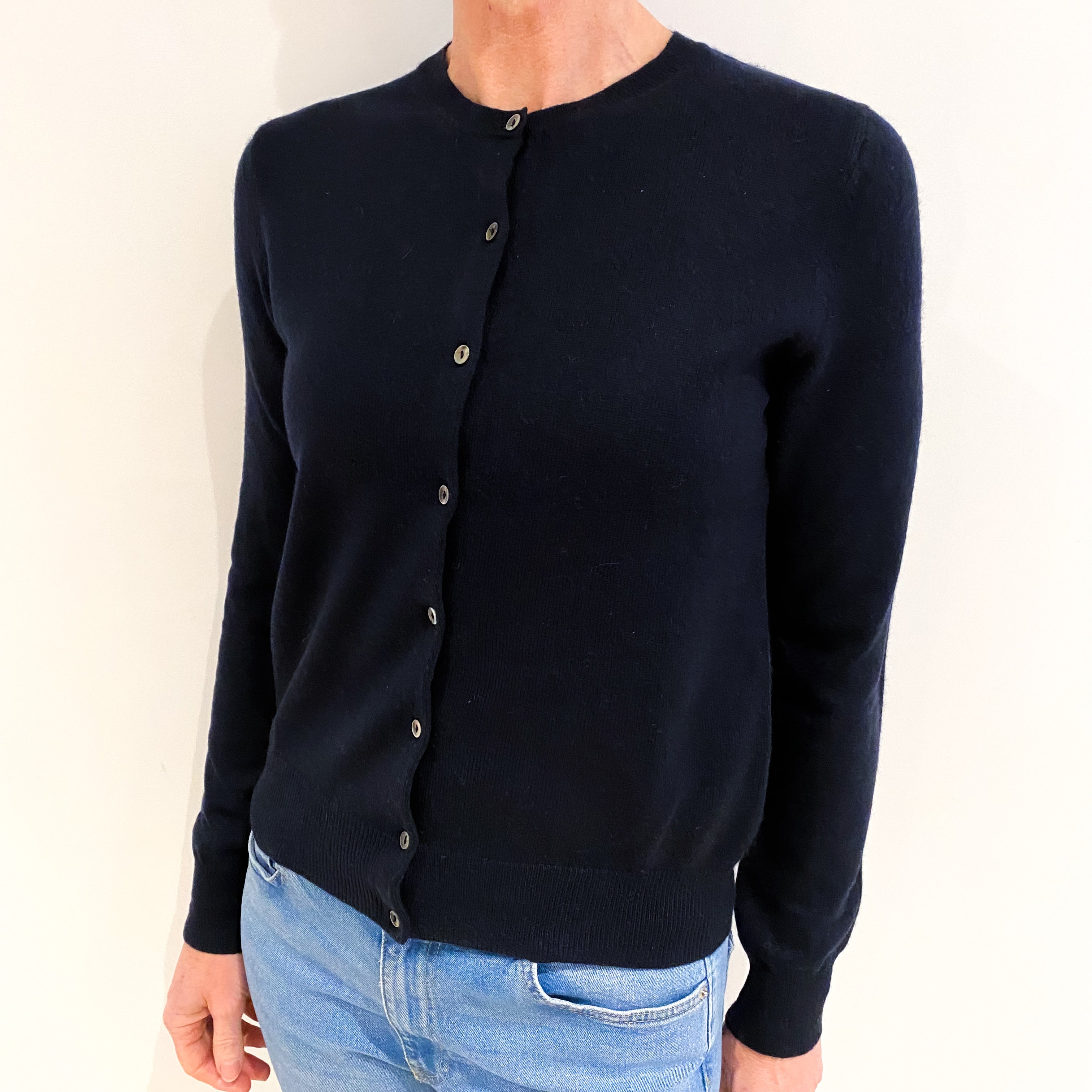 Navy Blue Cashmere Crew Neck Cardigan Small