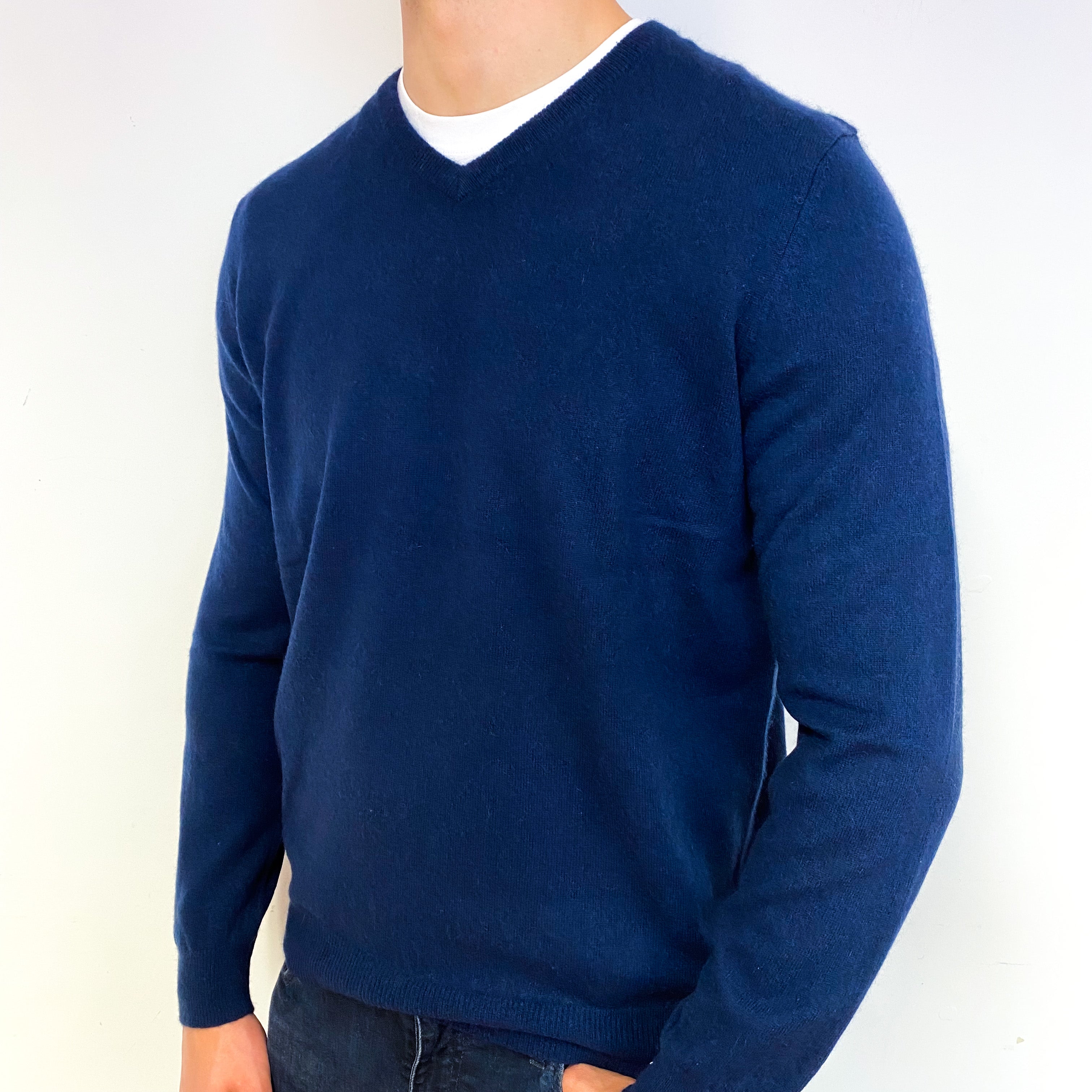 Men's Navy Blue Cashmere V-Neck Jumper Extra Large