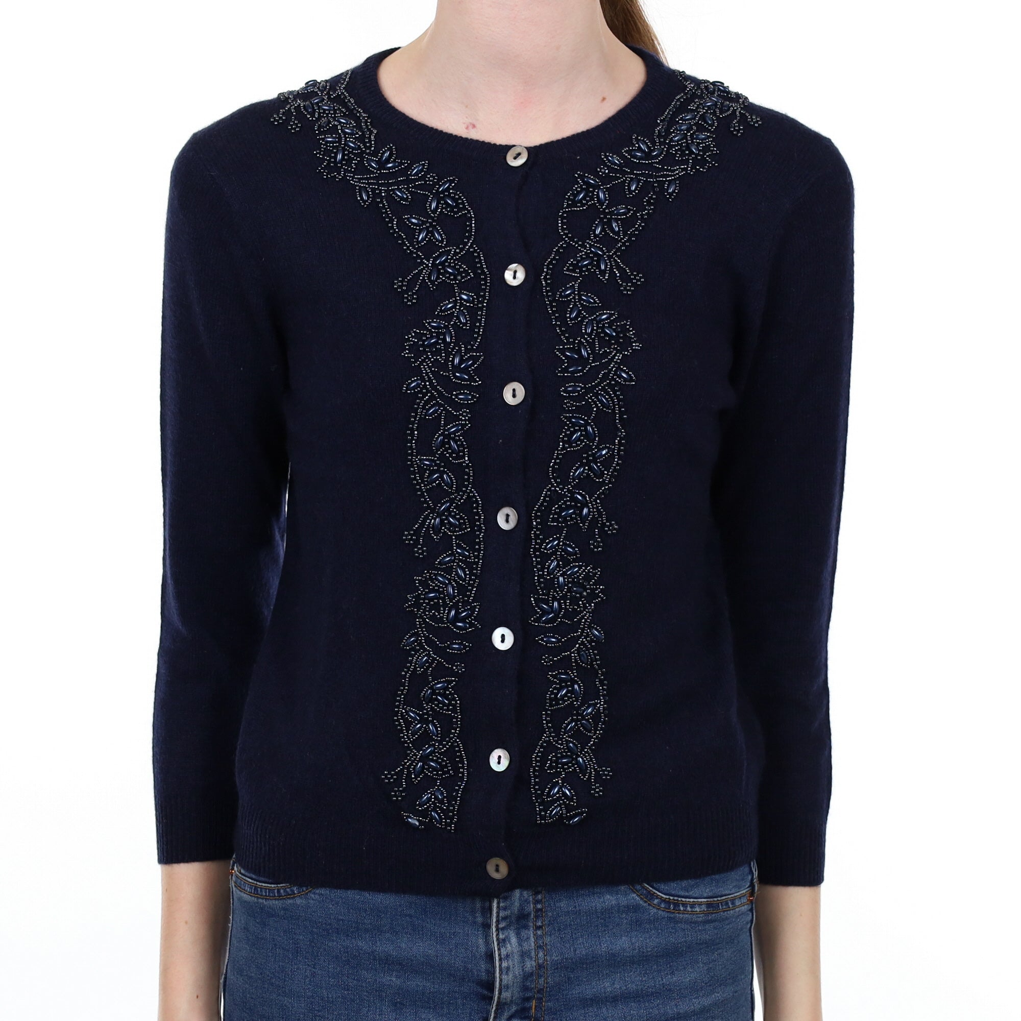 Navy Blue Beaded Cashmere Crew Neck Cardigan Extra Small