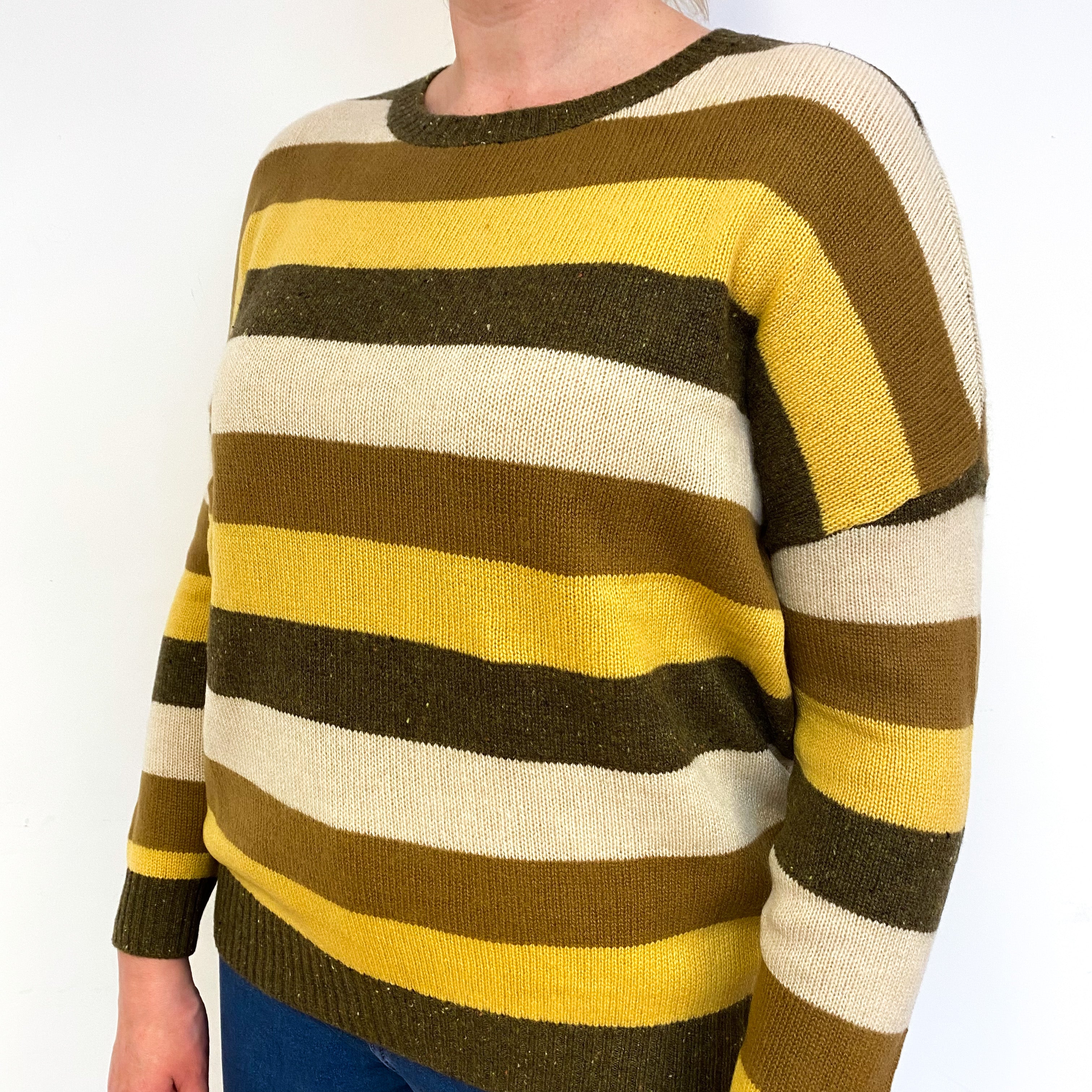 Mustard Brown Stripe Slouchy Cashmere Crew Neck Jumper Large