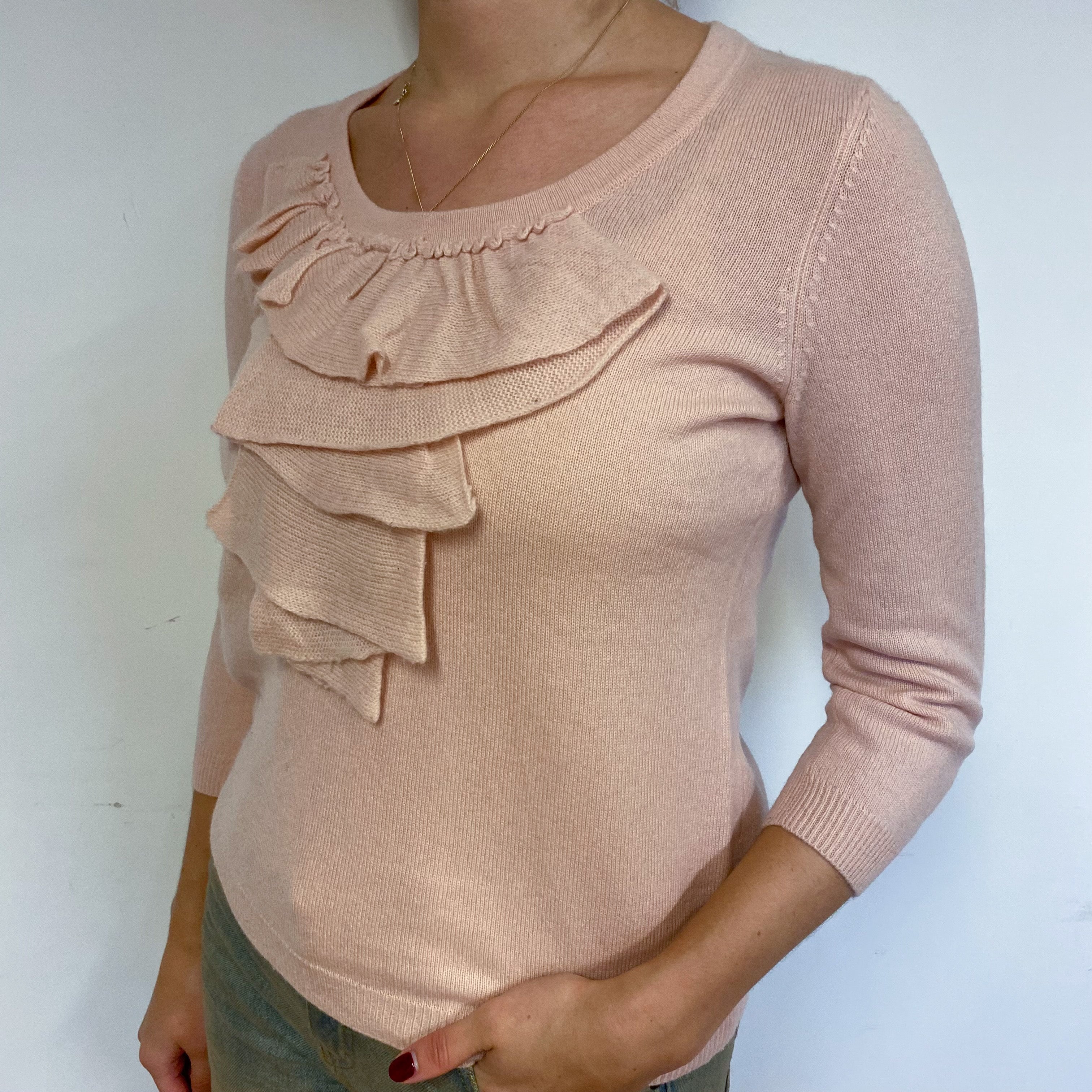 Shell Pink Ruffle Cashmere Crew Neck Jumper Small