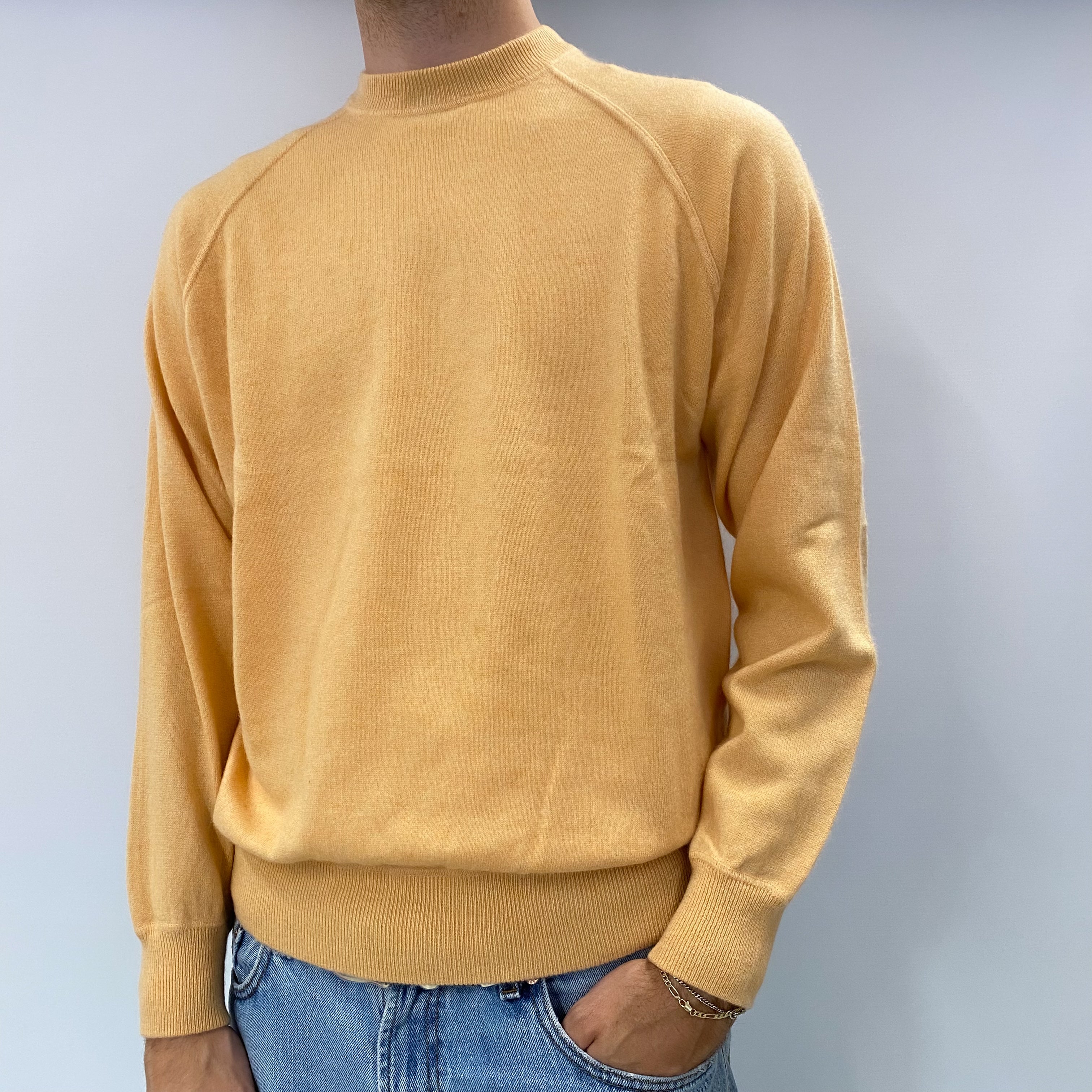 Men's Italian Light Peach Orange Cashmere Crew Neck Jumper Large