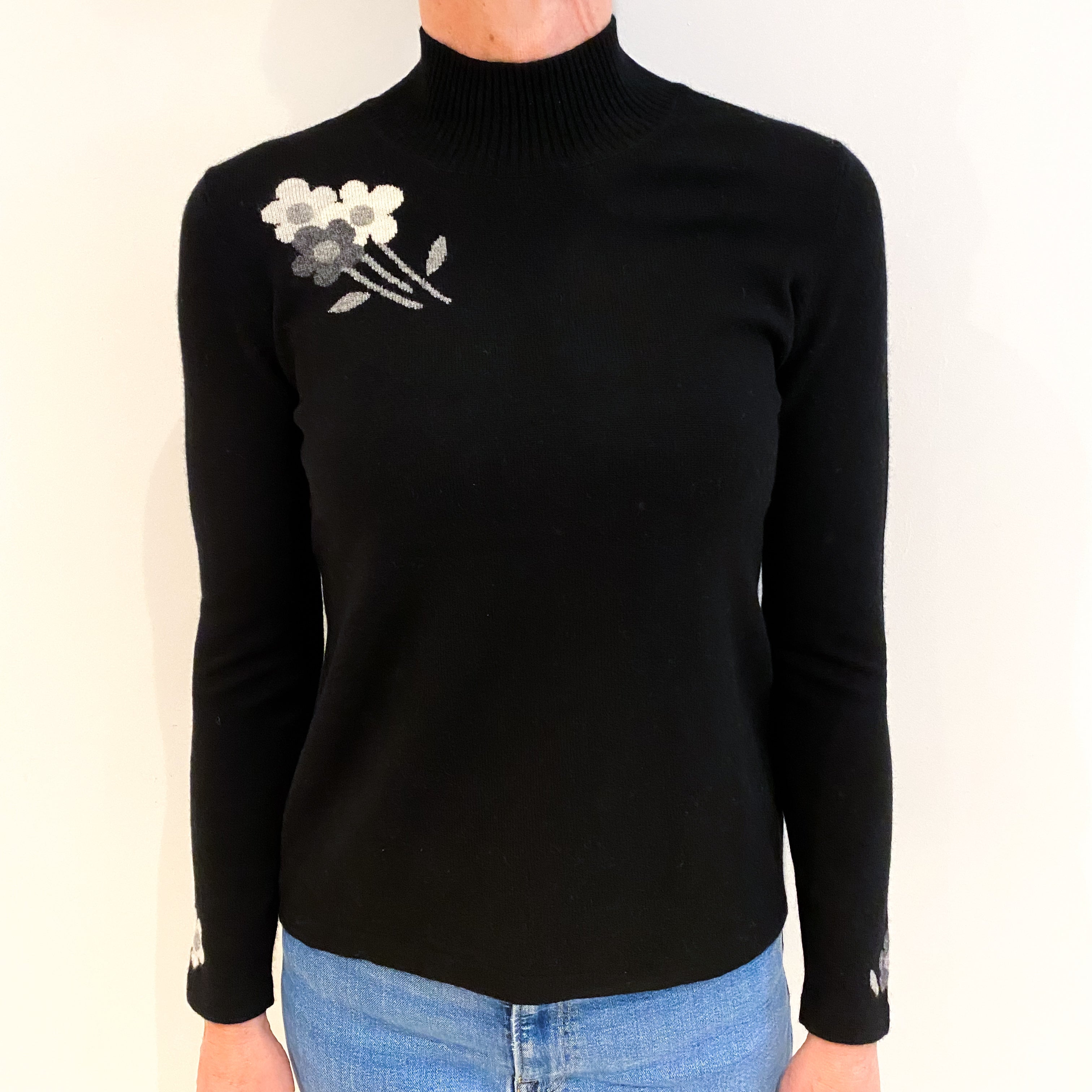 Black With Flower Design Cashmere Turtle Neck Jumper Small