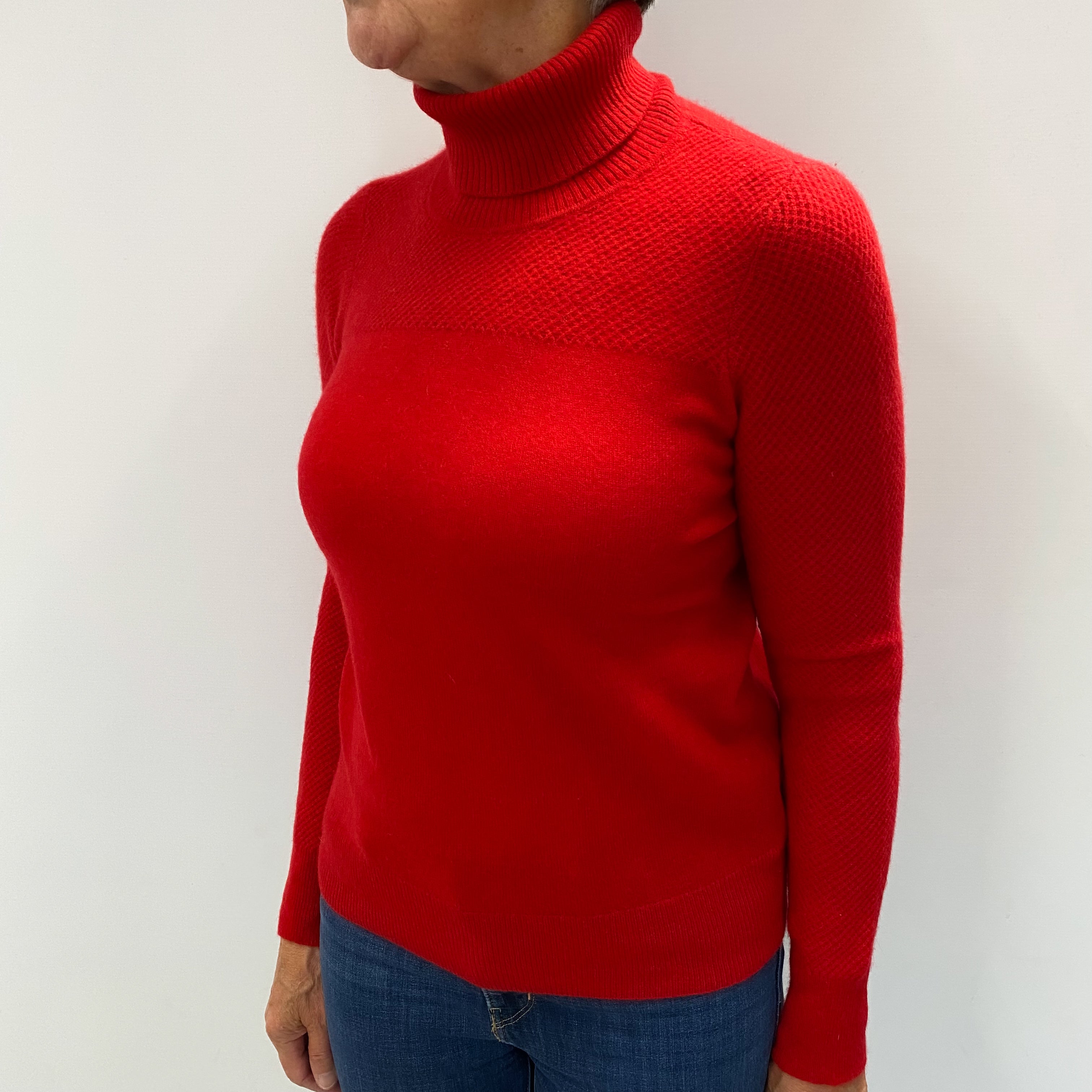 Vermillion Red Cashmere Textured Polo Neck Jumper Medium