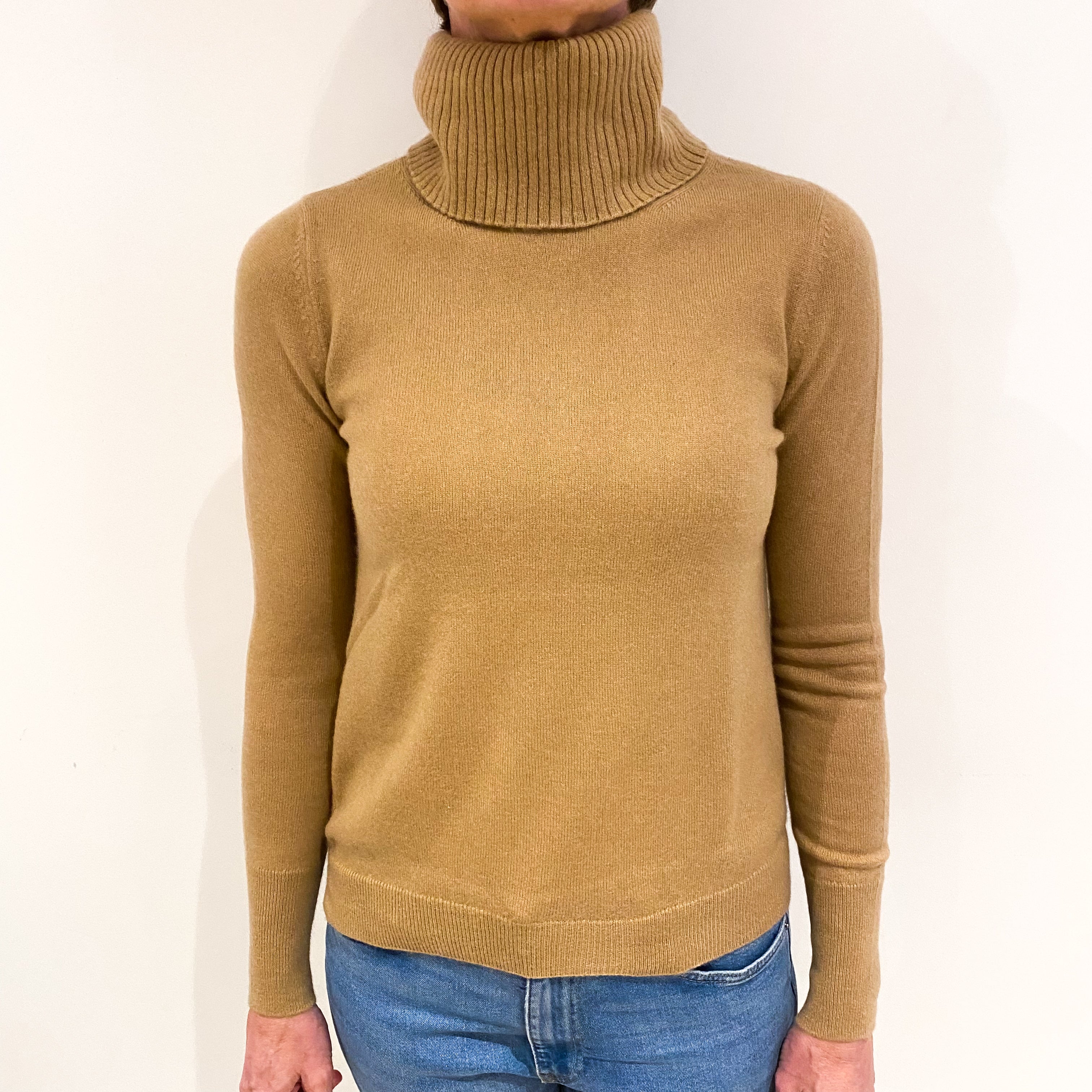 Camel Brown Cashmere Polo Neck Jumper Small