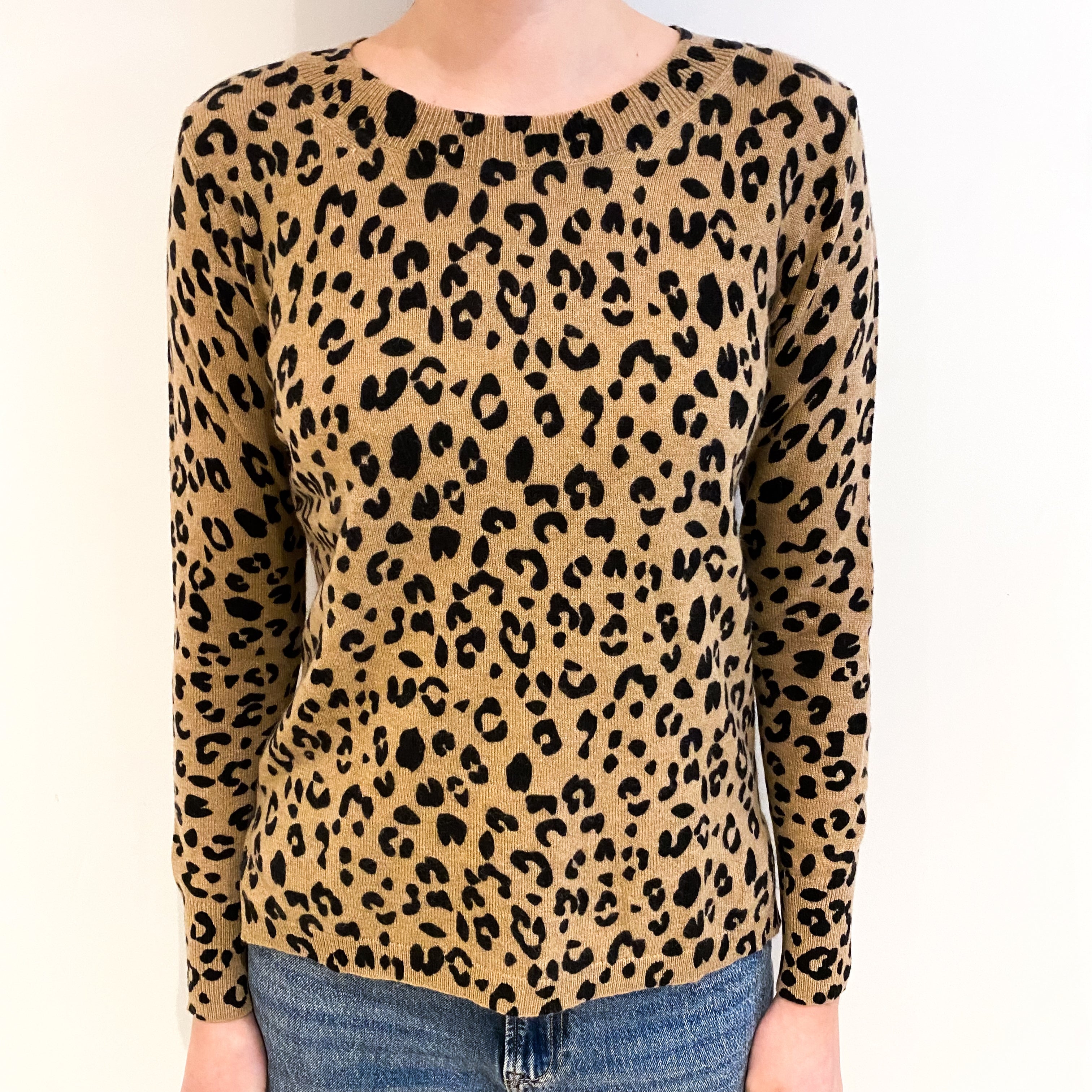 Camel Animal Print Cashmere Crew Neck Jumper Extra Small