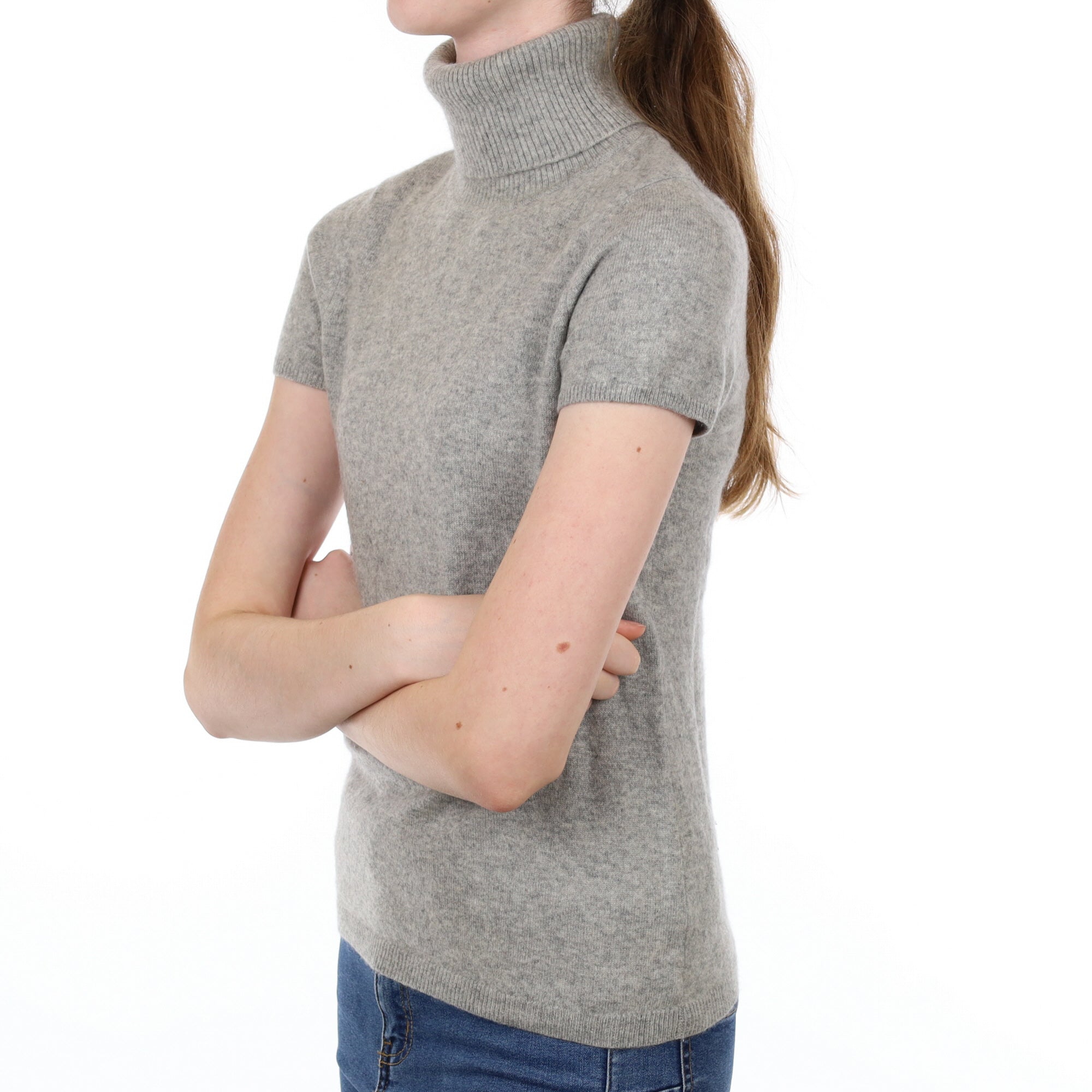 Smoke Grey Cashmere Polo Neck Short Sleeved Jumper Extra Small