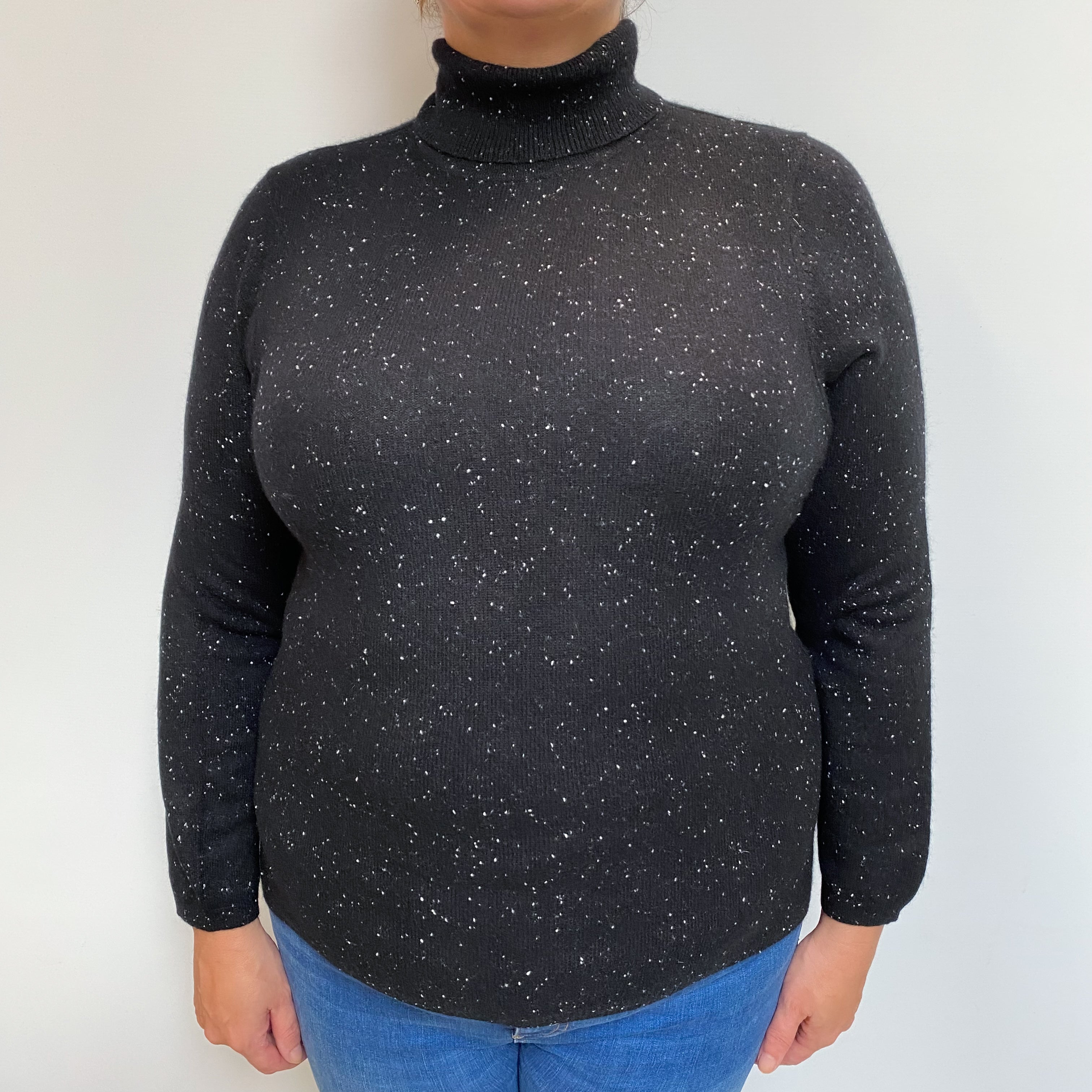 Black Flecked Cashmere Polo Neck Jumper Extra Large