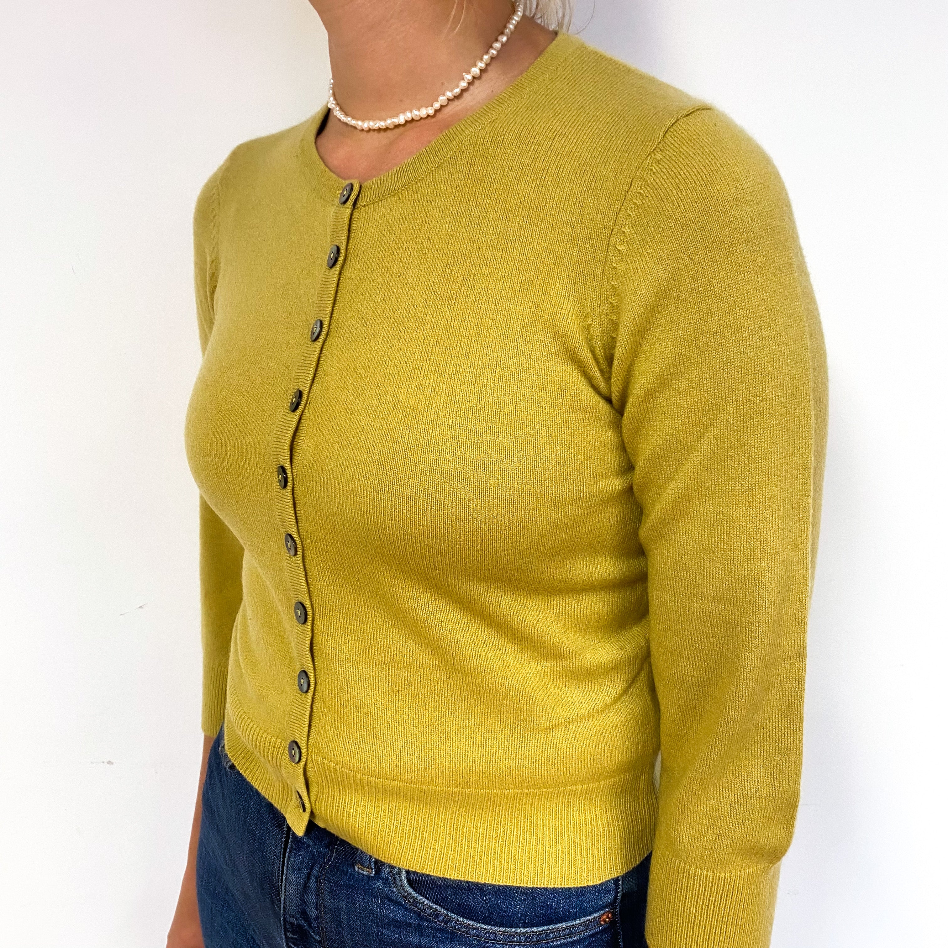 Dijon Mustard Yellow Cashmere Crew Neck Cardigan Small