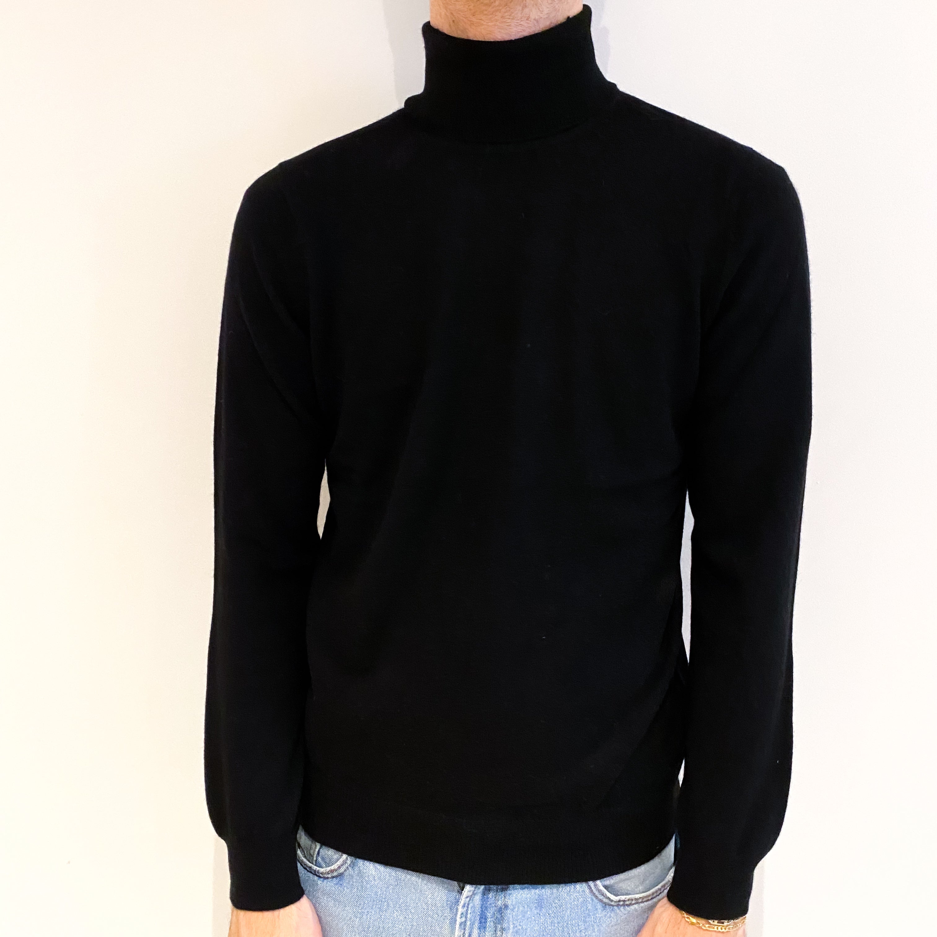 Men's Black Cashmere Polo Neck Jumper Large