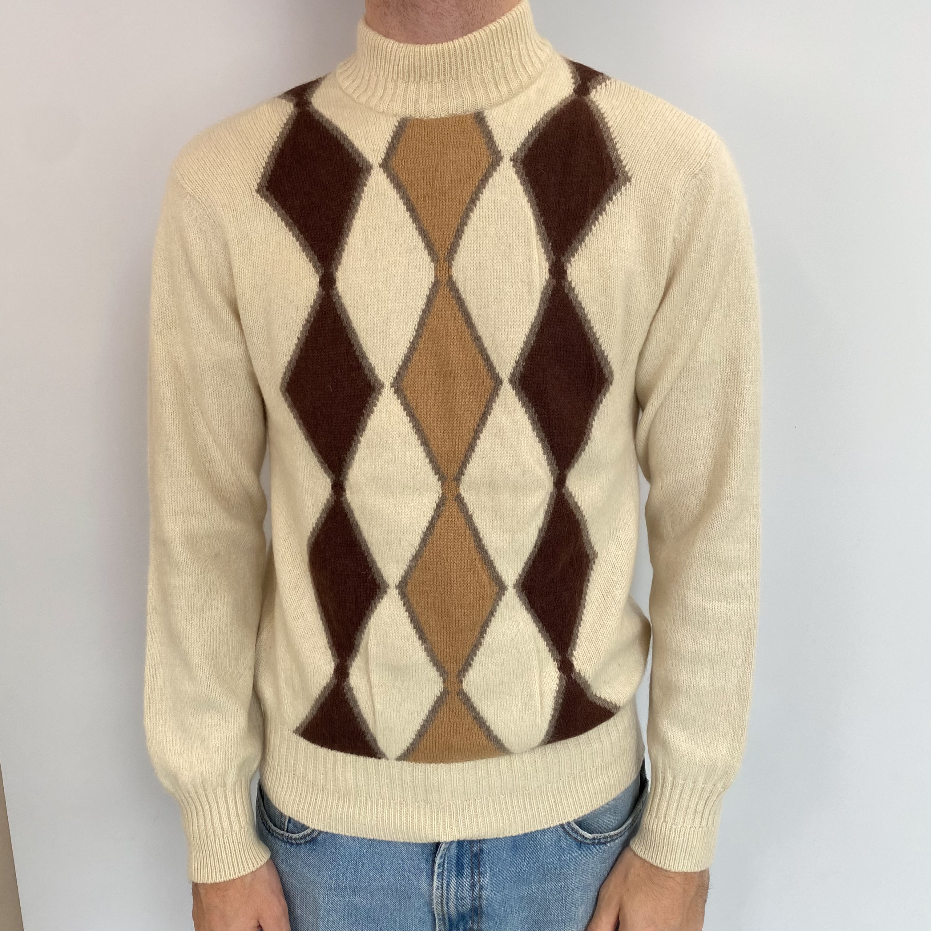 Men's Vintage Ivory and Brown Diamond Cashmere Turtle Neck Jumper Medium