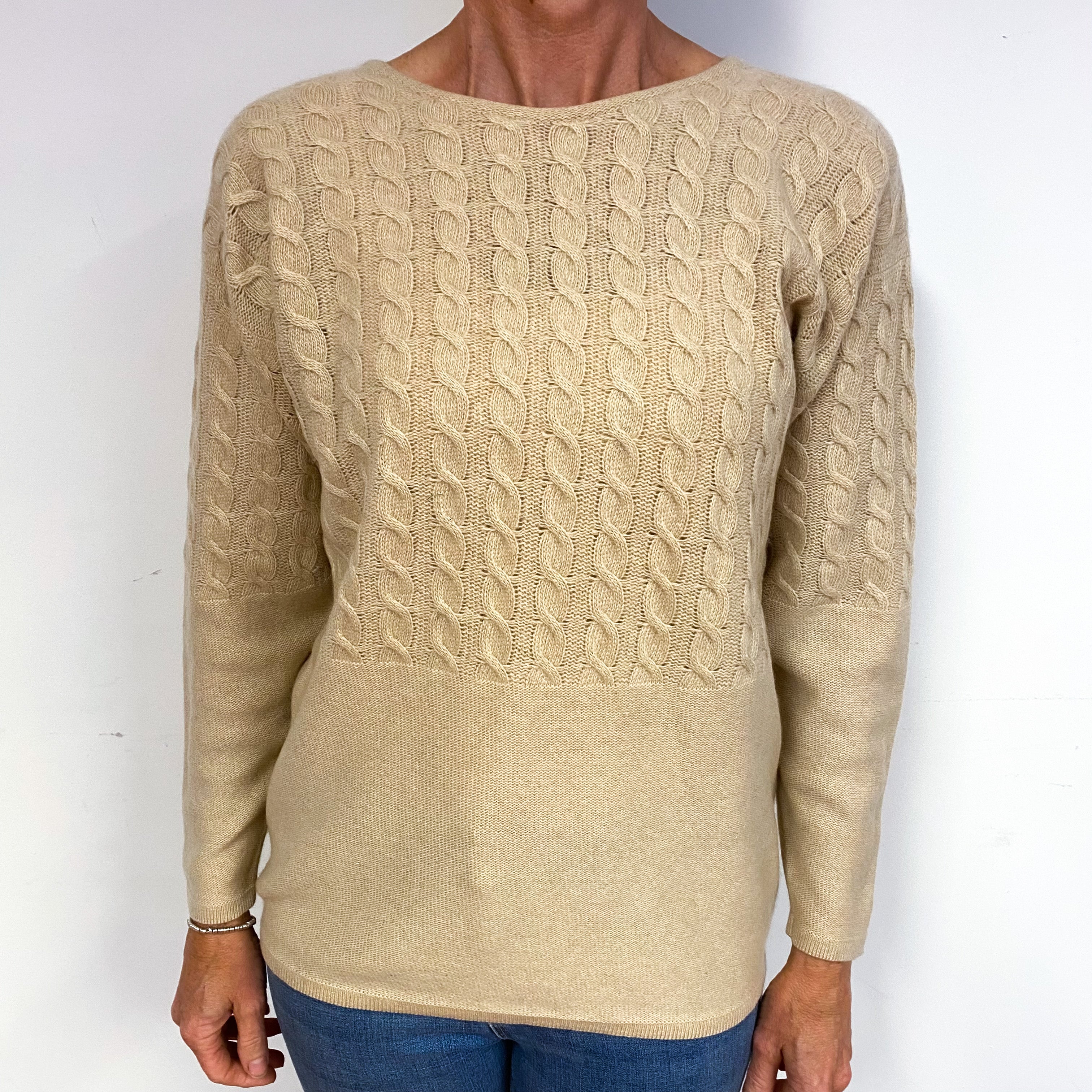 Vintage Beige 1/2 Cable Cashmere Crew Neck Jumper Medium