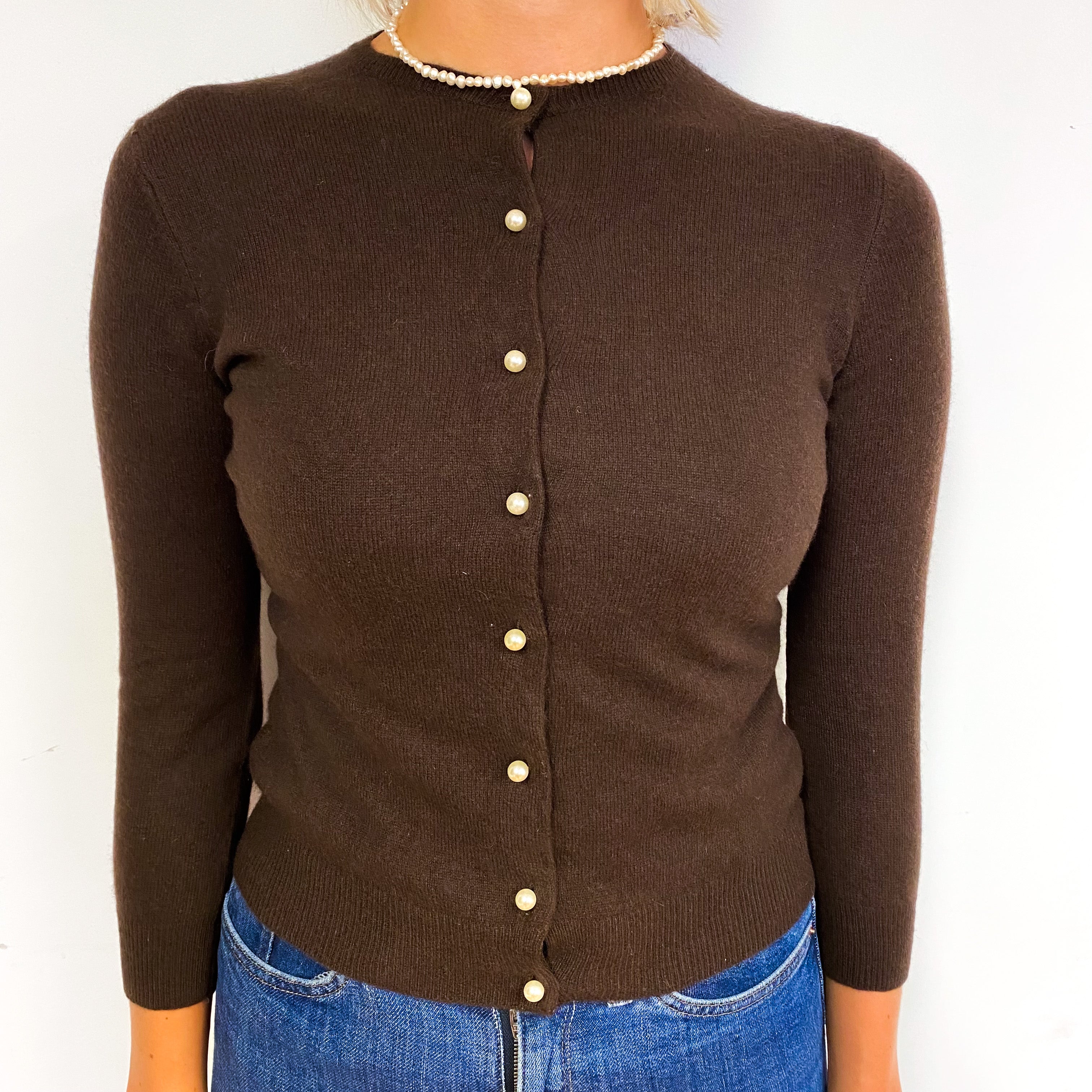 Chocolate Brown 3/4 Sleeve Cashmere Crew Neck Cardigan Small