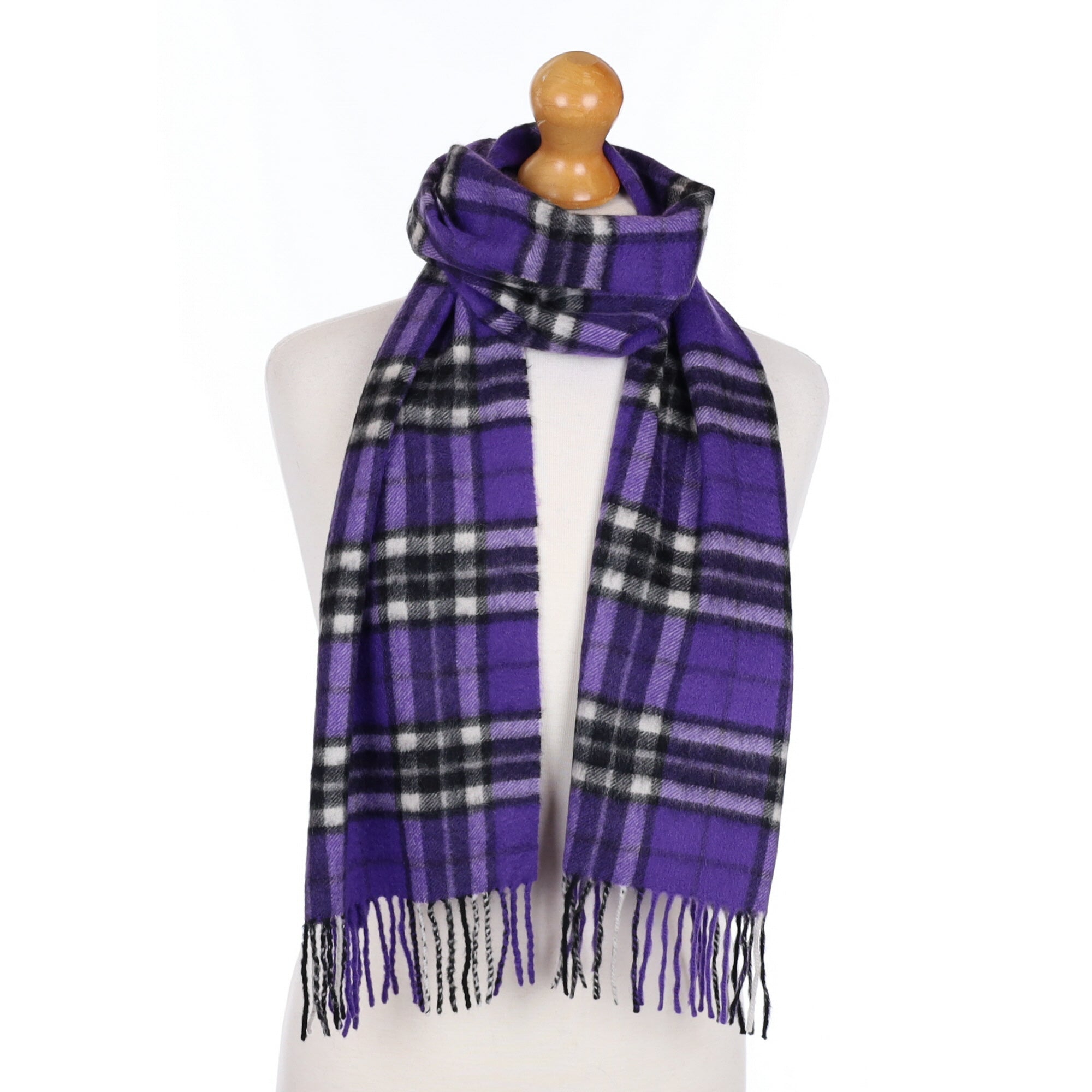 Pansy Purple Tartan Cashmere Fringed Woven Scarf