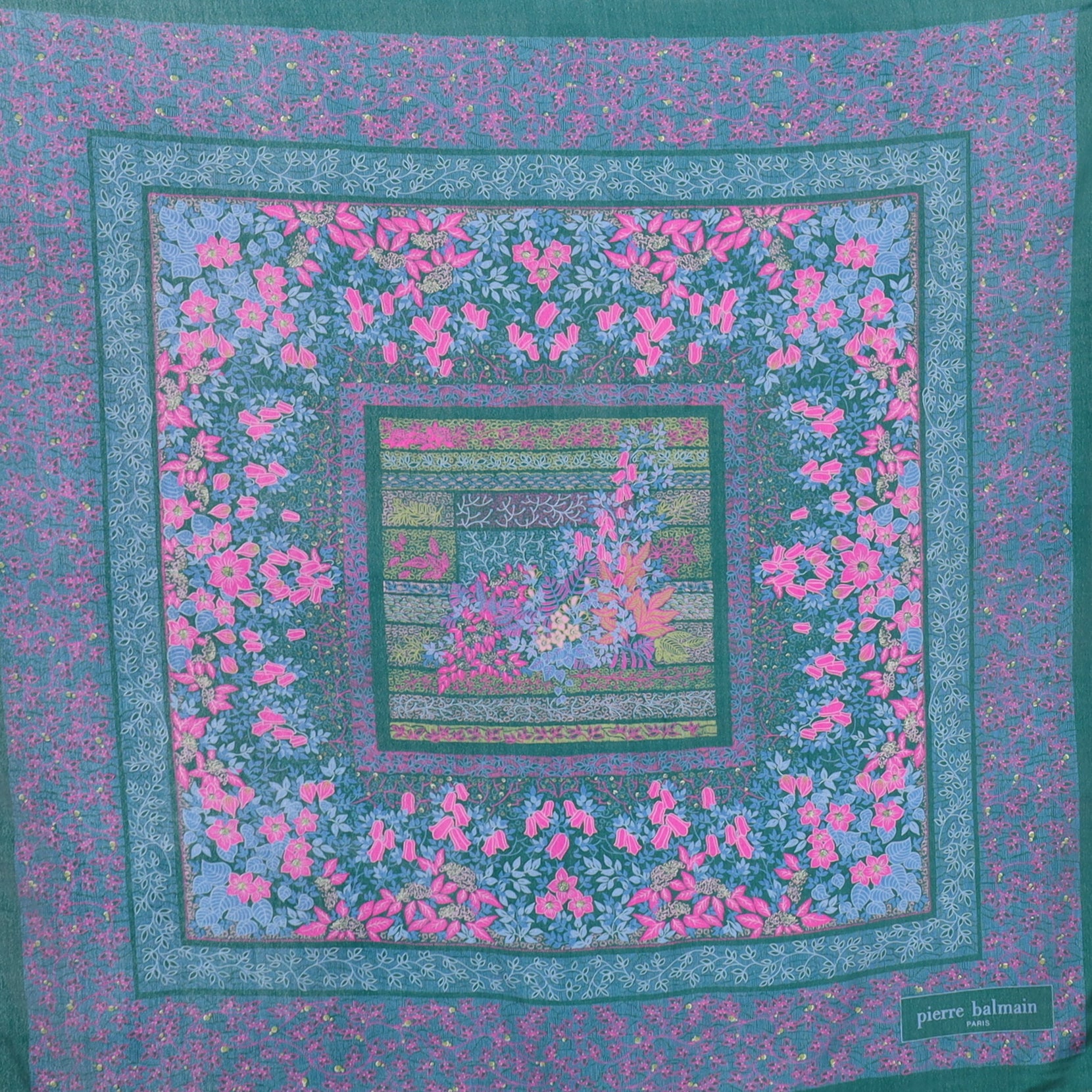 Boxed Pierre Balmain Green and Pink Silk Scarf