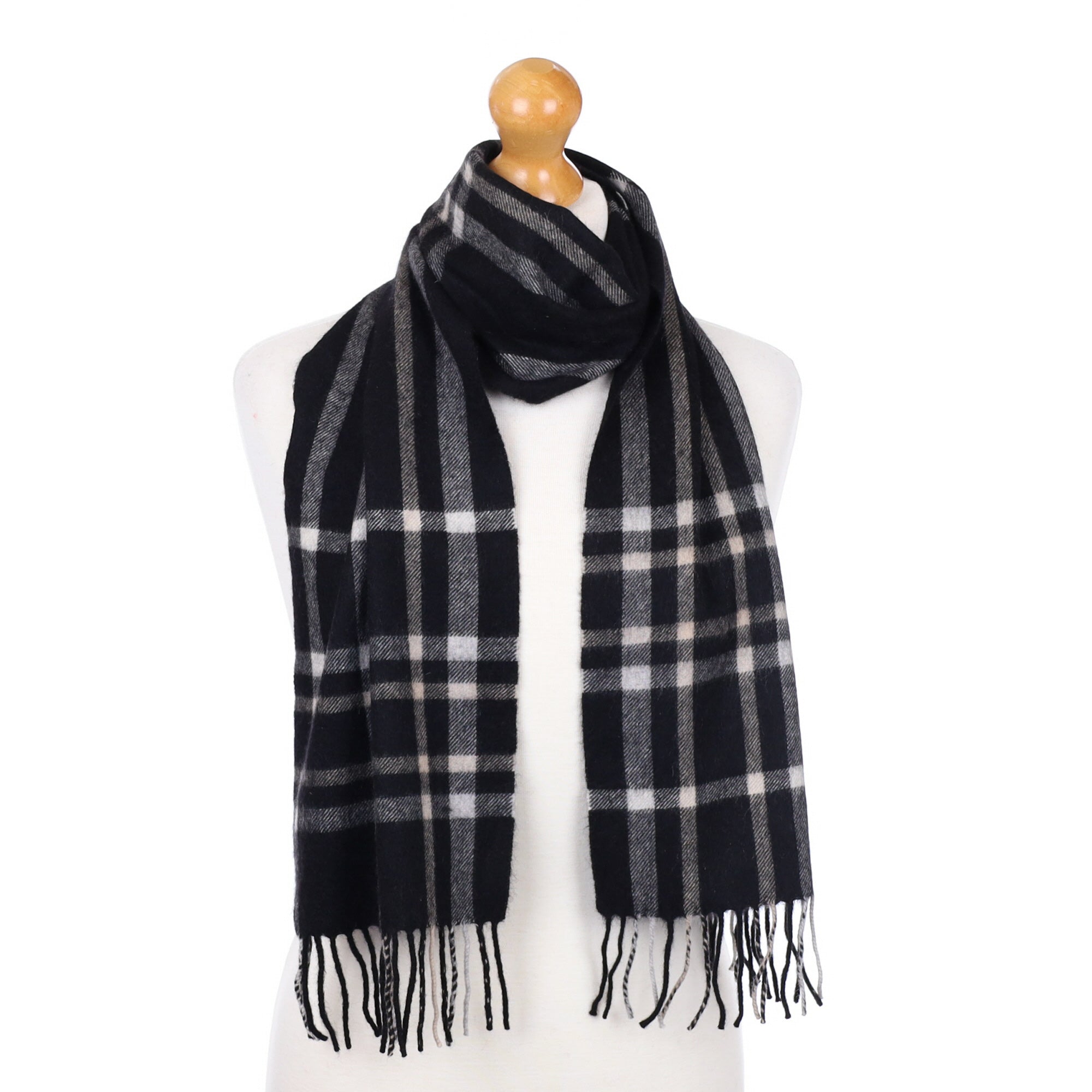 Black and Grey Check Fringed Cashmere Woven Scarf