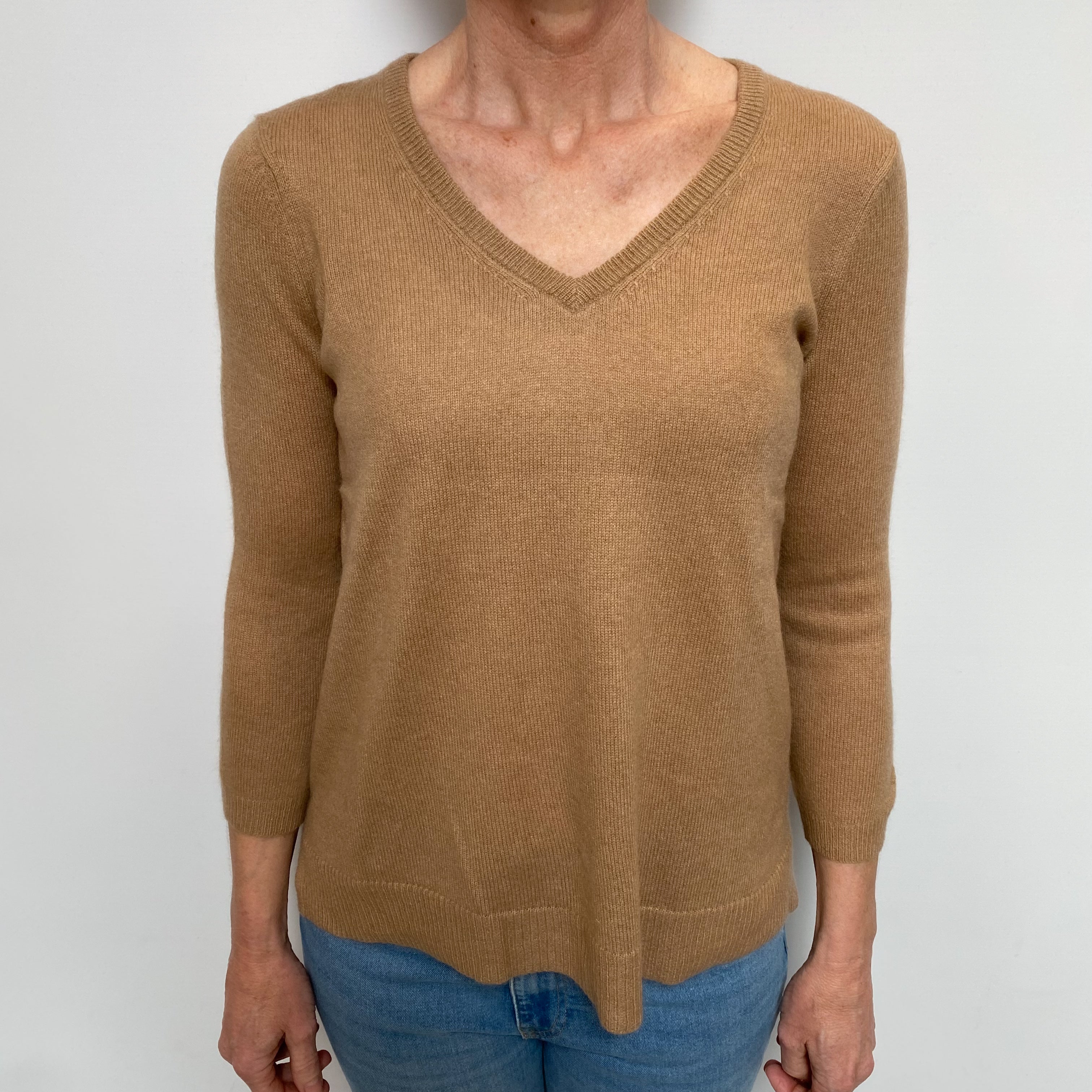 Butterscotch Brown Cashmere V Neck  3/4 Sleeve Jumper Small