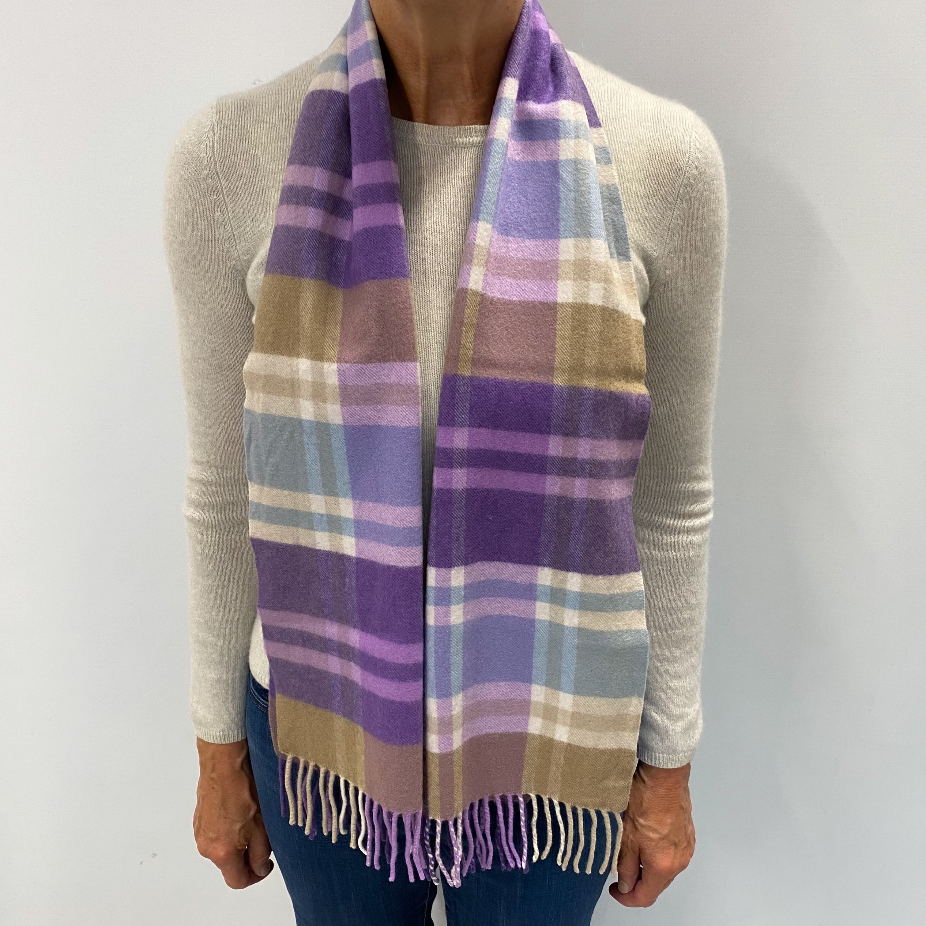 Purple and Beige Checked Cashmere Woven Fringed Scarf