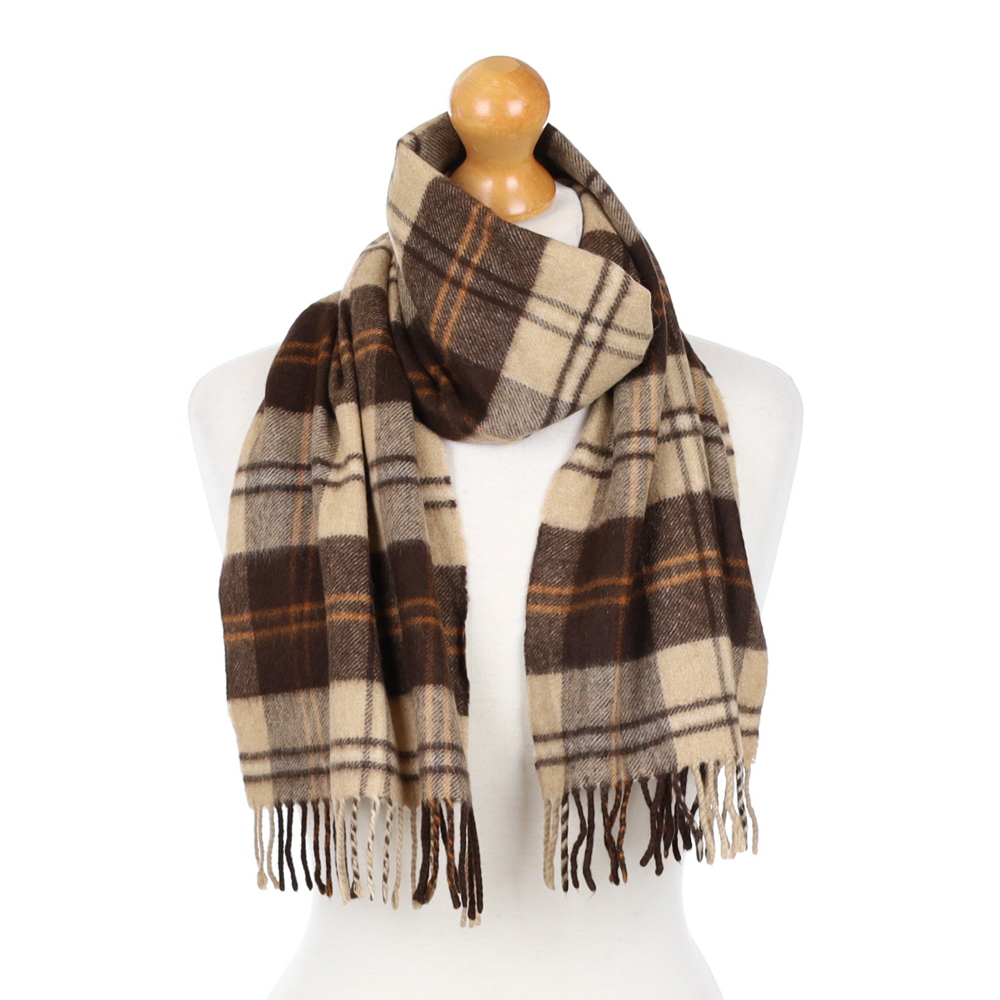 Chocolate and Orange Checked Fringed Cashmere Woven Scarf