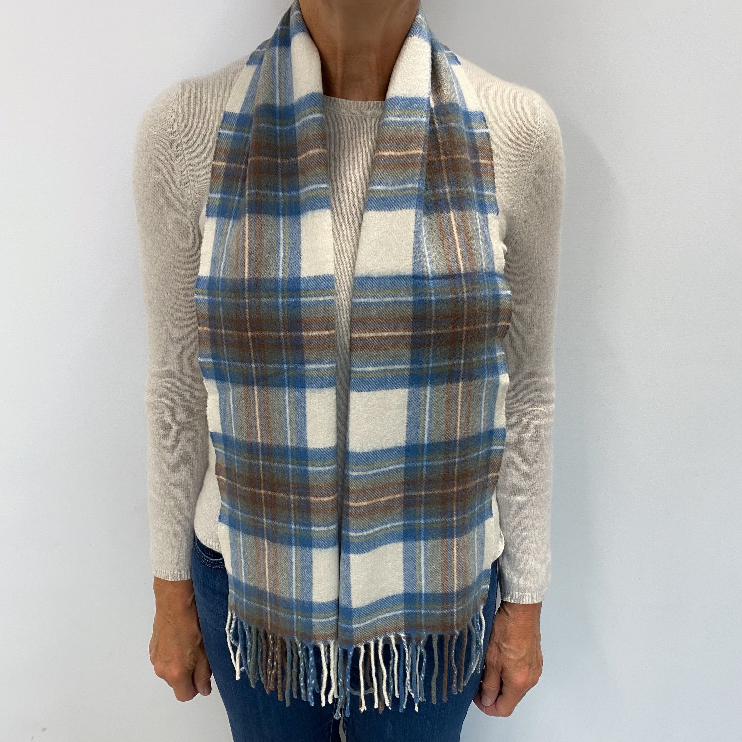 Blue and Cream Checked Cashmere Woven Fringed Scarf