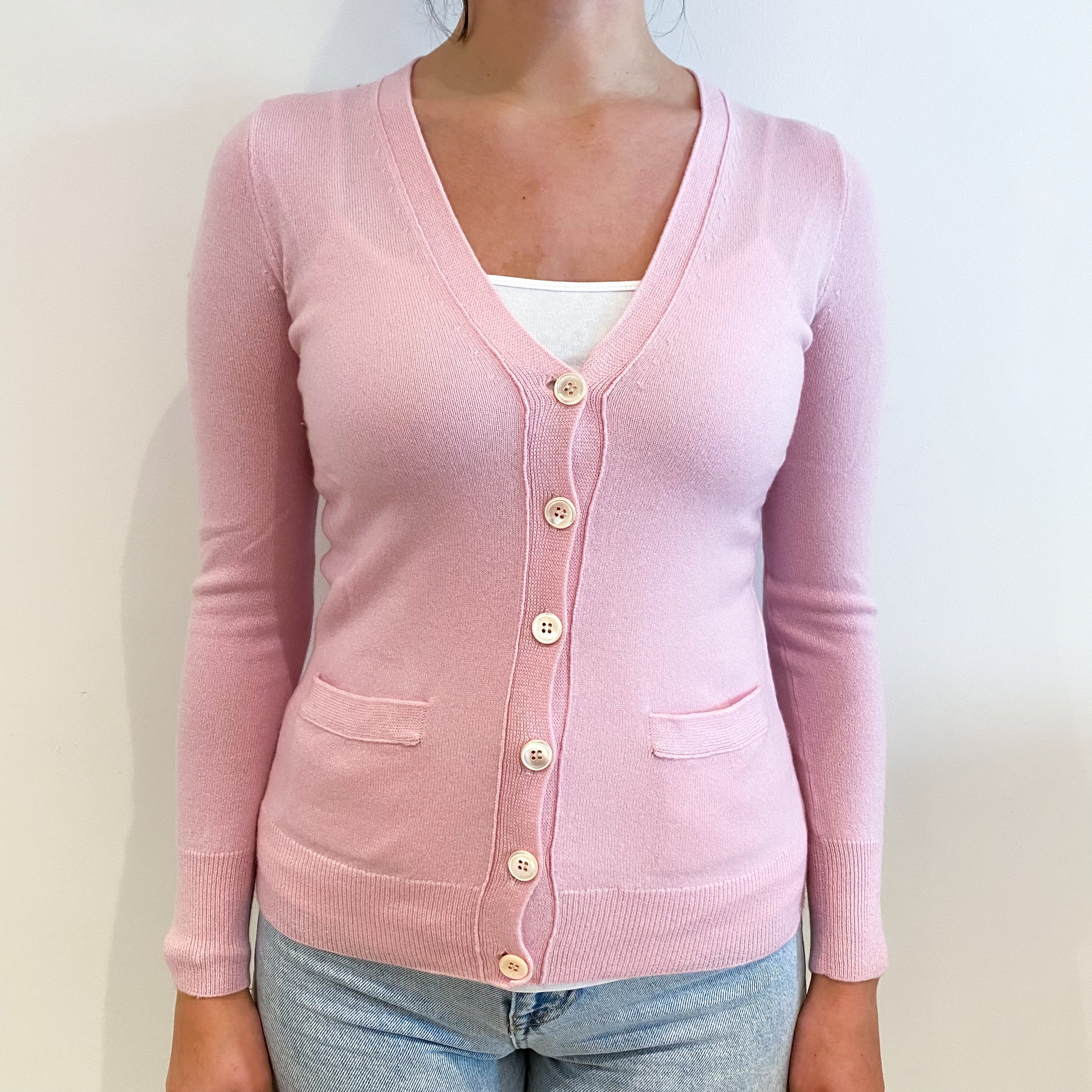 Carnation Pink Cashmere V-Neck Cardigan with Pockets Small