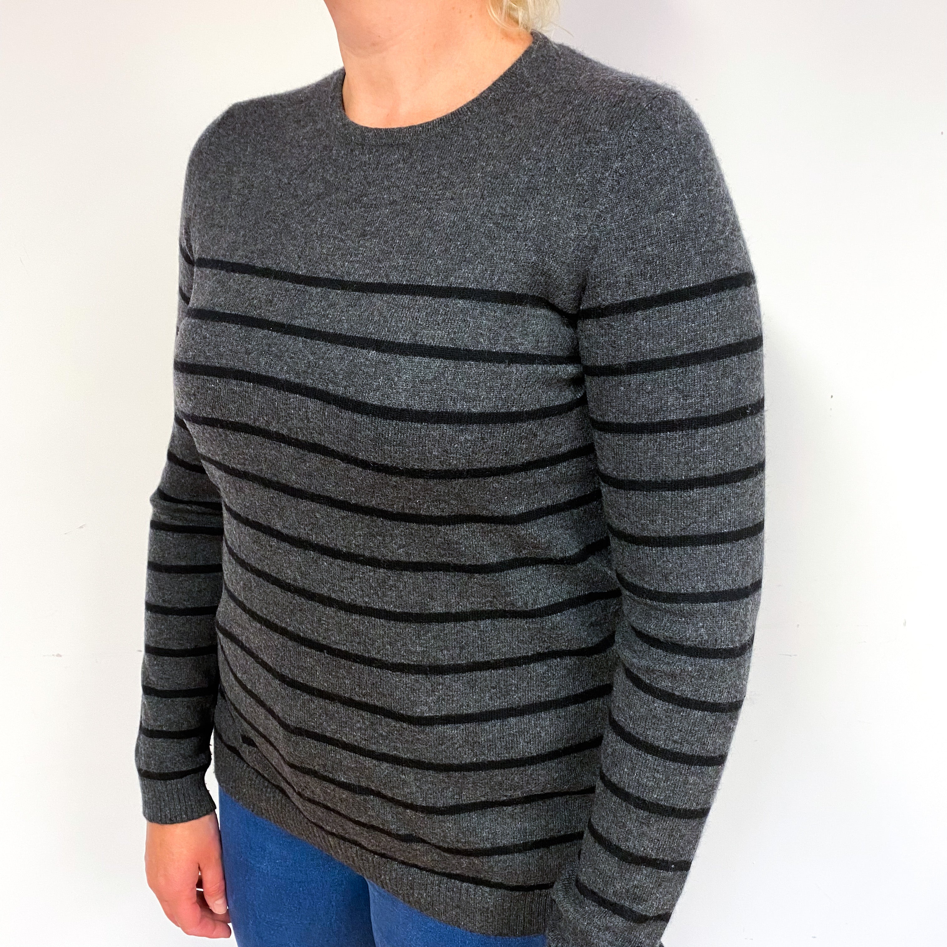 Slate Grey Black Stripe Cashmere Crew Neck Jumper Large