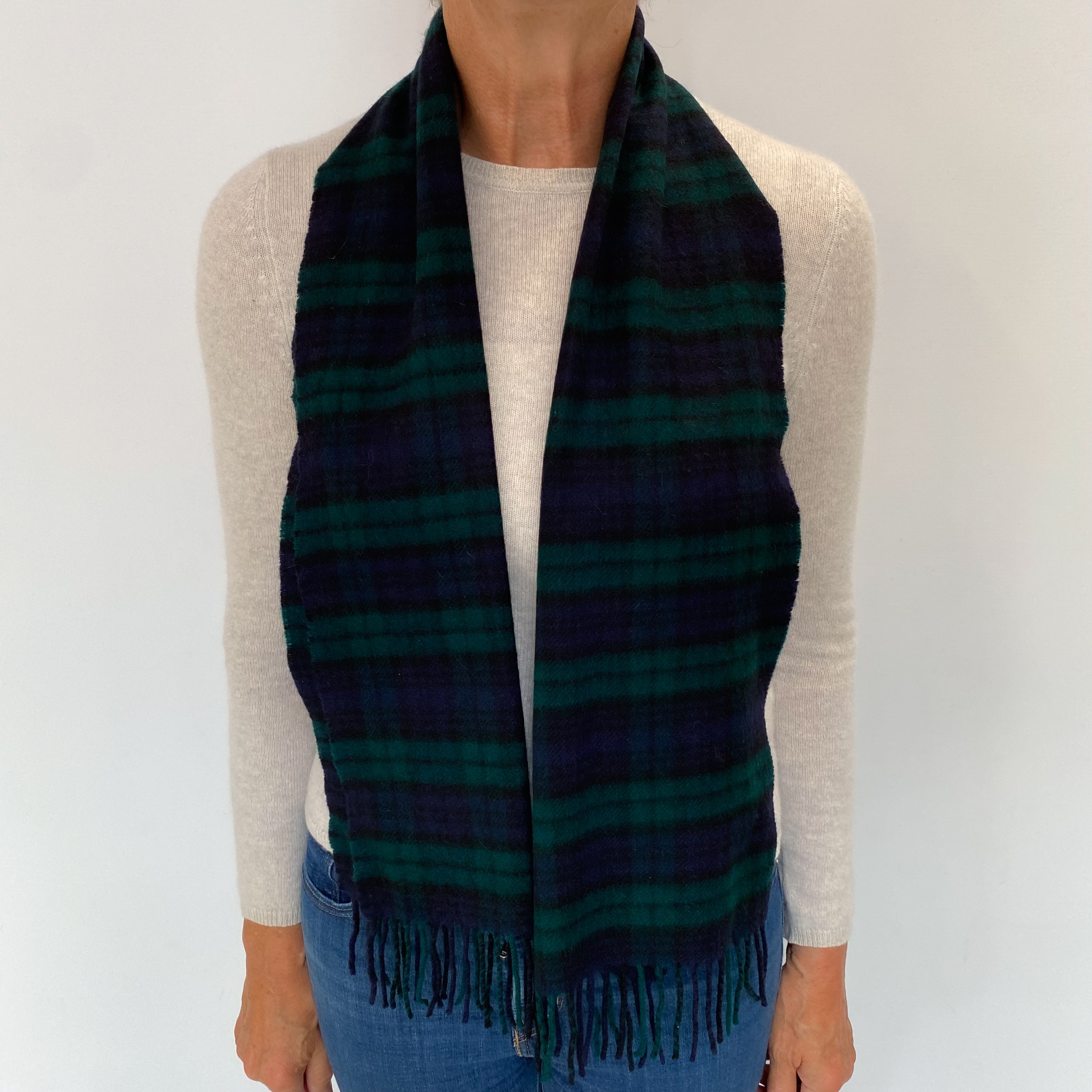 Black Watch Tartan Cashmere Tasseled Woven Scarf