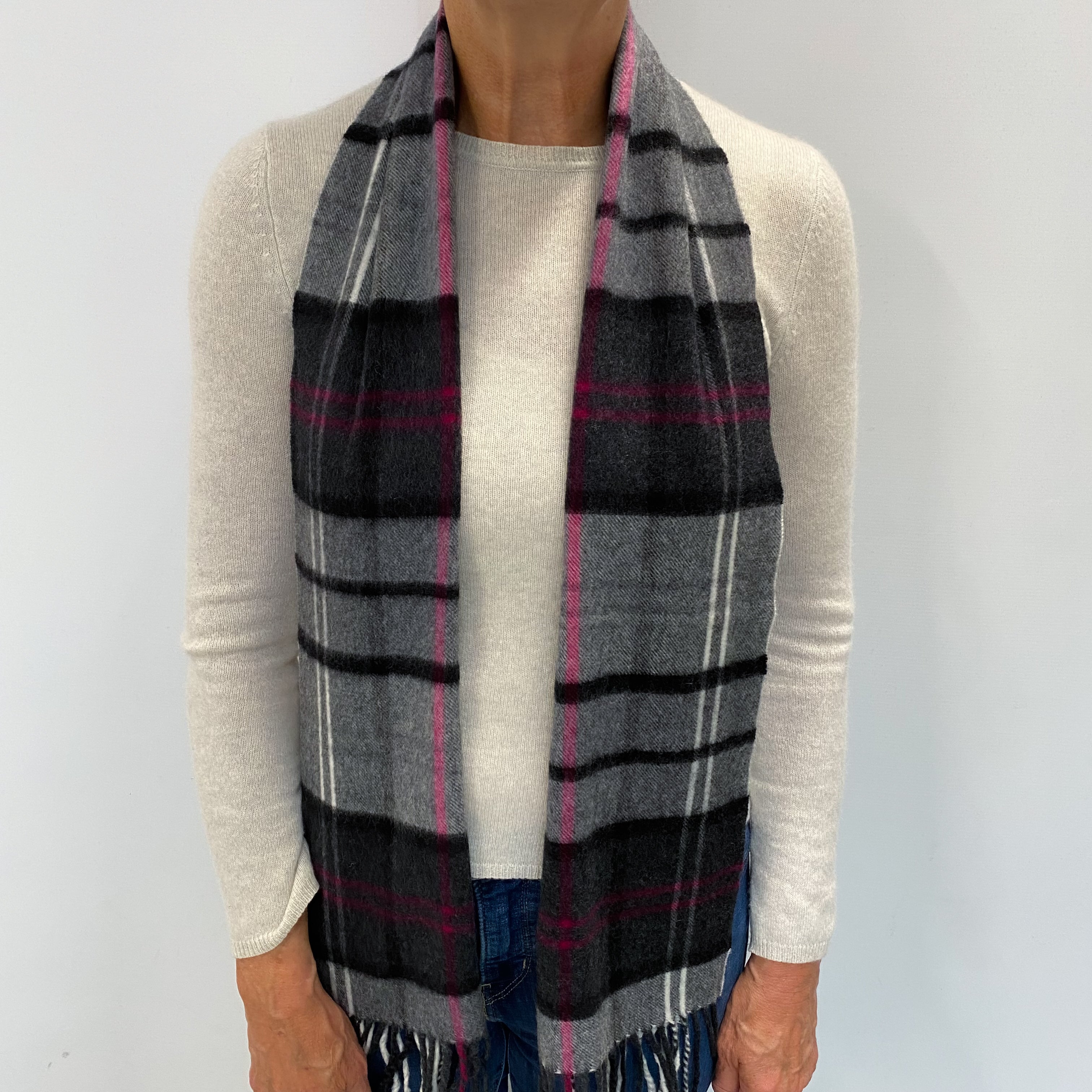 Grey Cherry Pink Checked Cashmere Woven Fringed Scarf