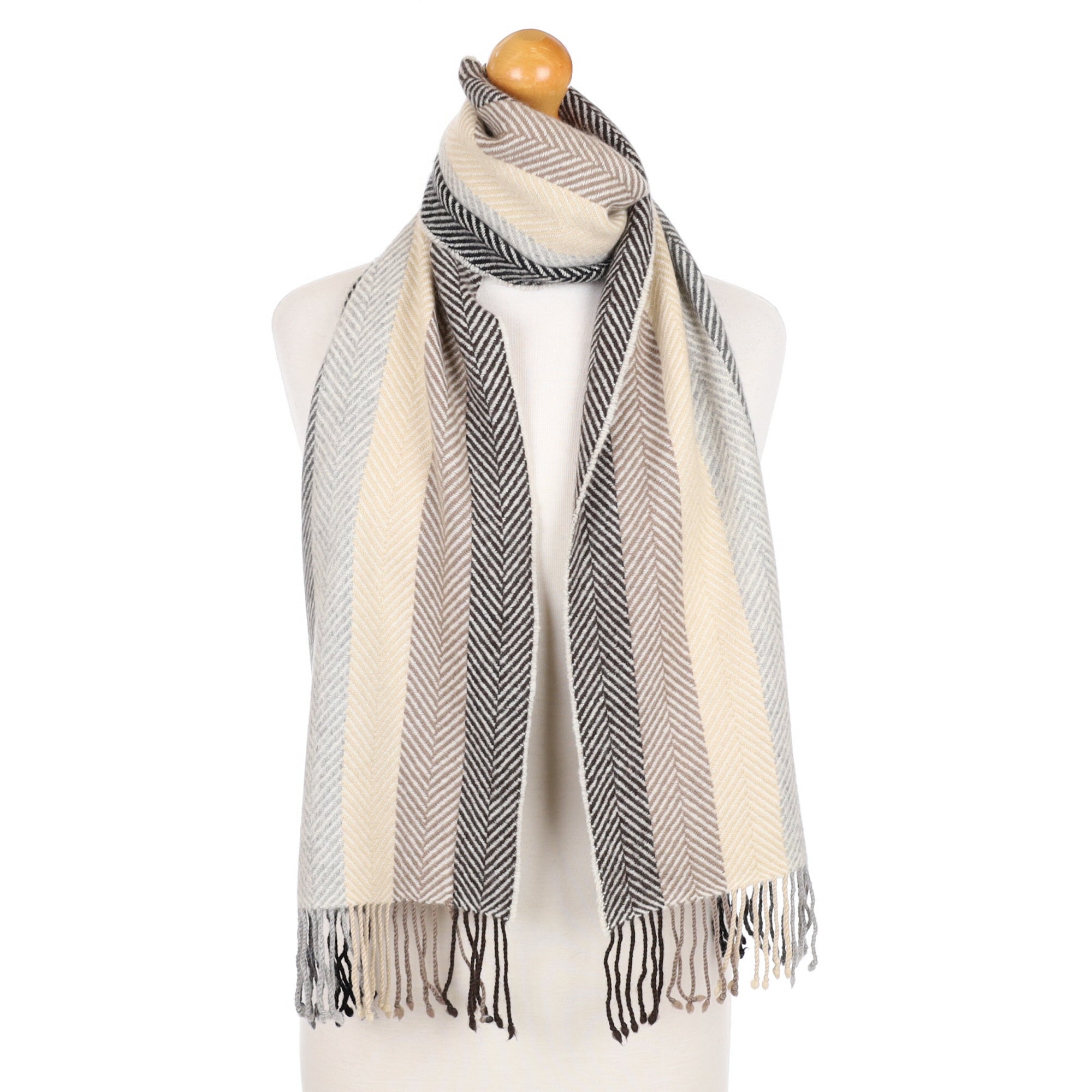 Brown and Grey Herringbone Cashmere Fringed Woven Scarf