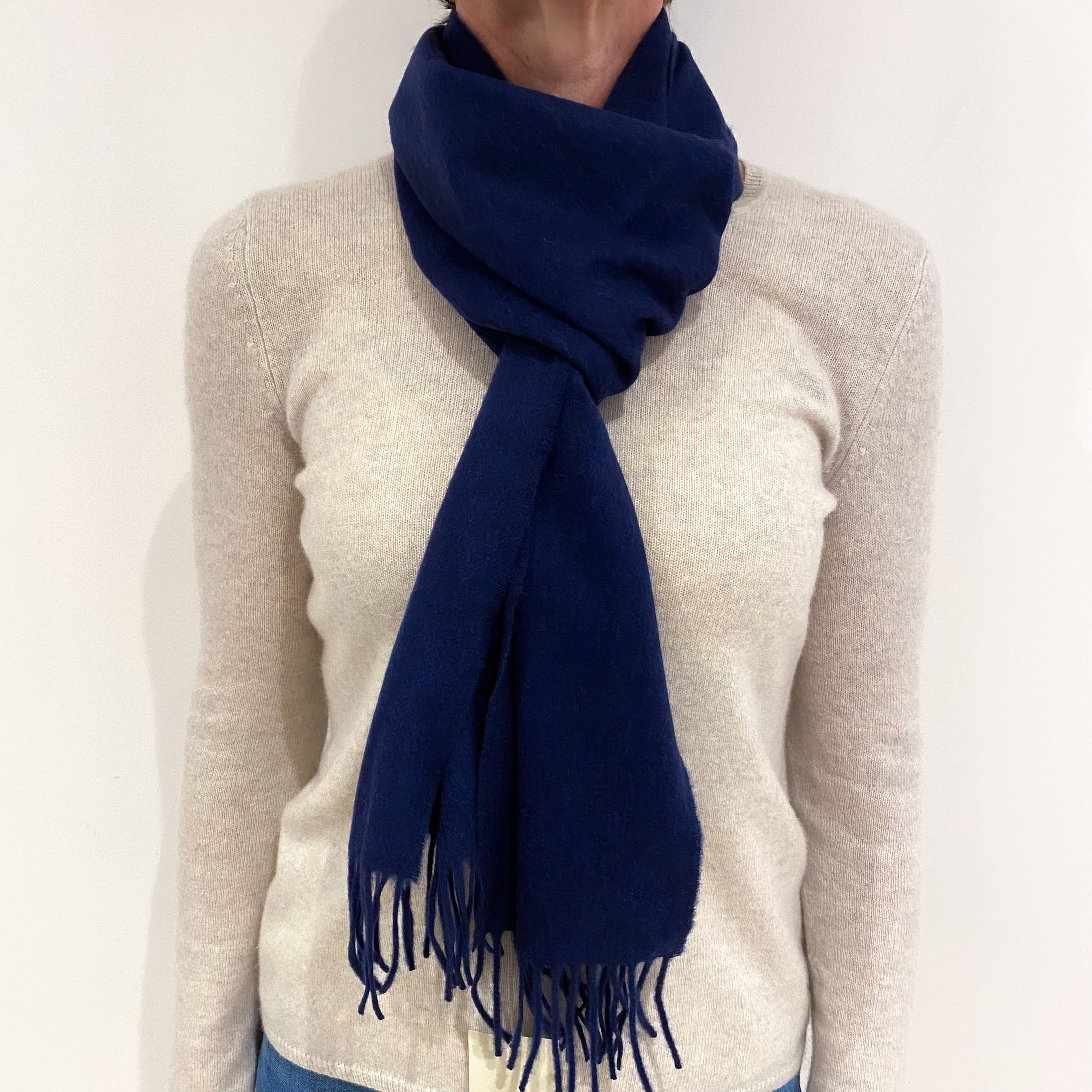 Brand New Scottish Cashmere French Navy Fringed Scarf